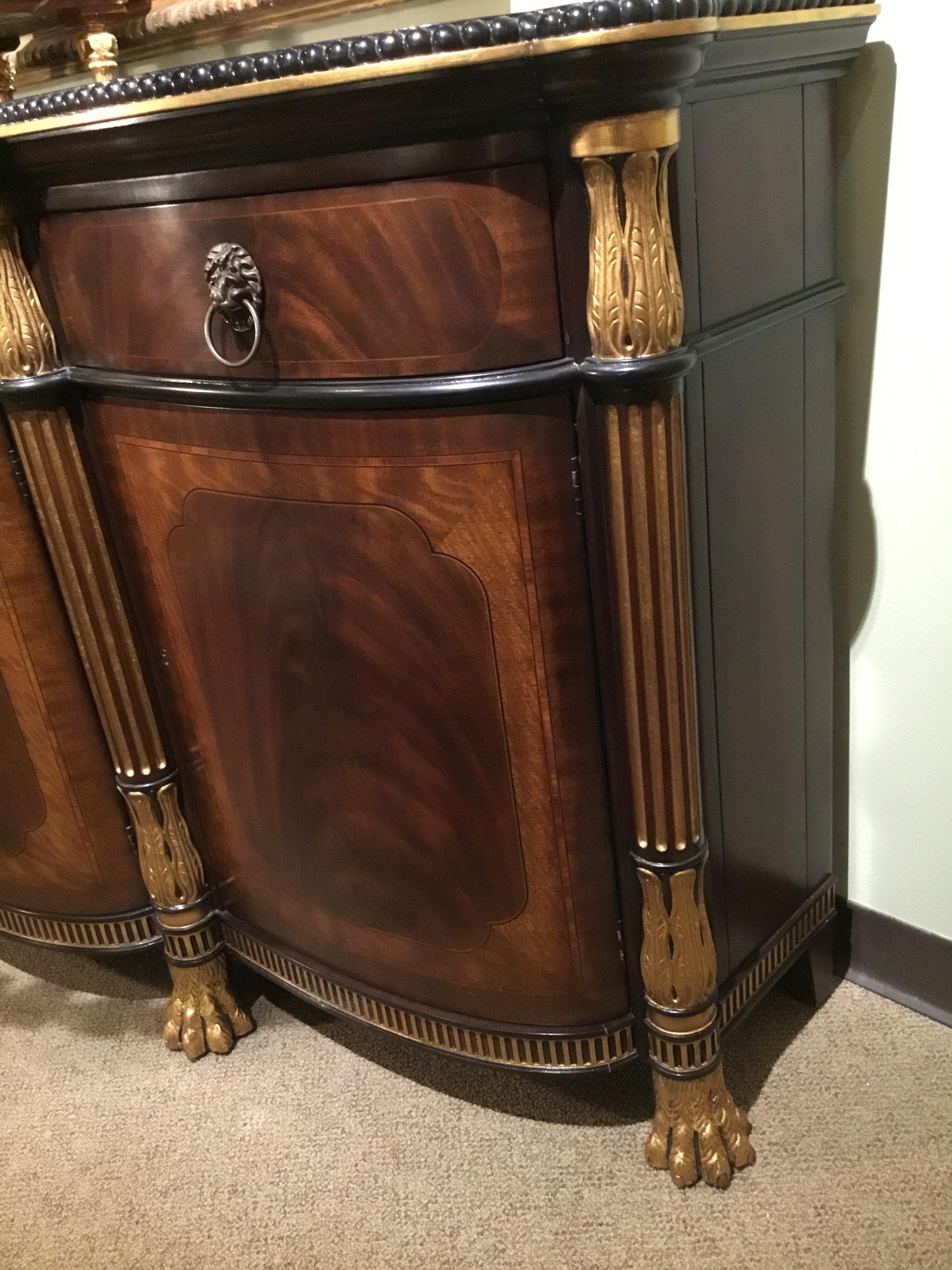 French Regency Style Buffet/Sideboard, Mahogany Woods and Veneers, Gilt Trim 1
