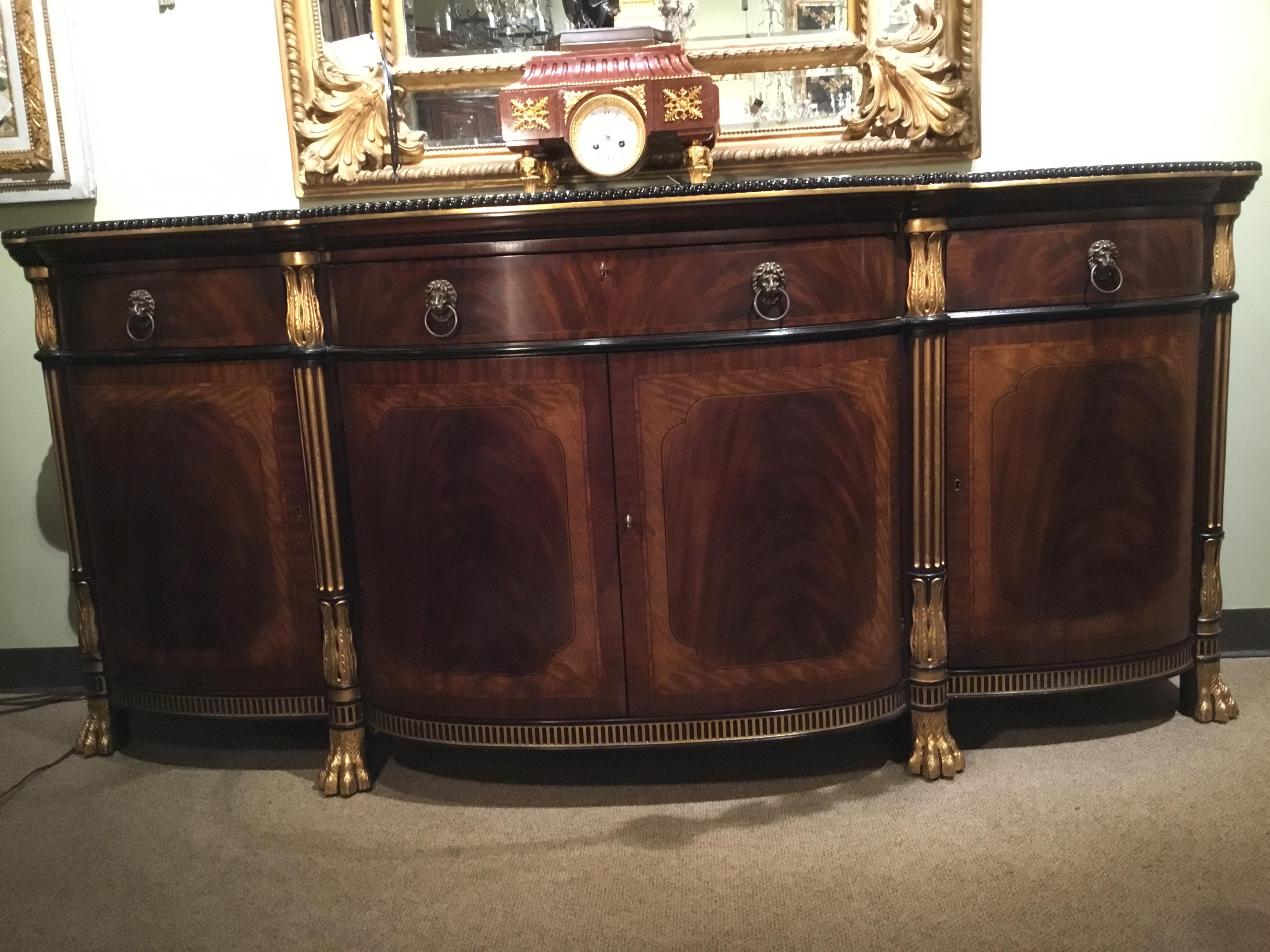 French Regency Style Buffet/Sideboard, Mahogany Woods and Veneers, Gilt Trim 4