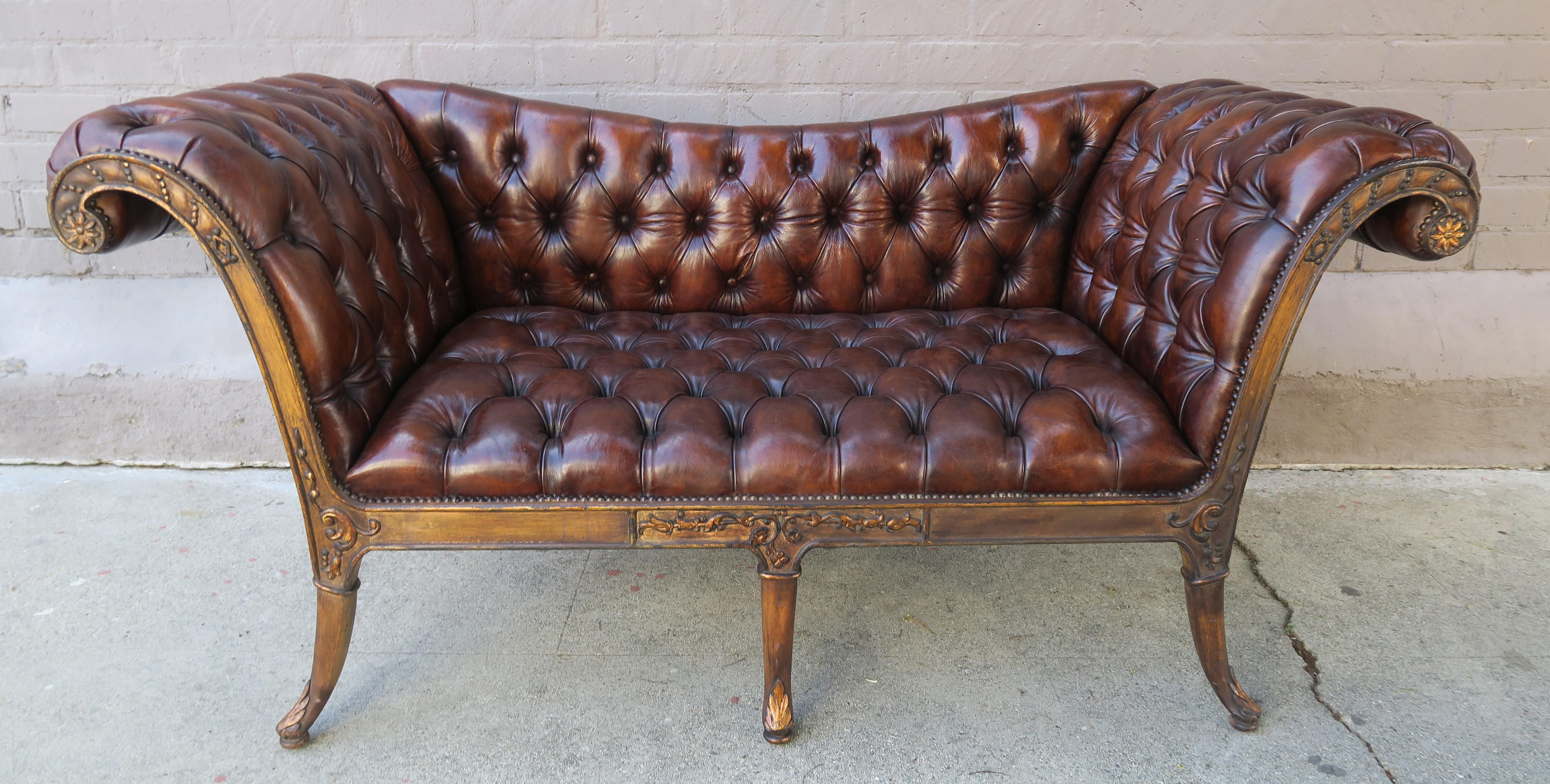 French Regency Style Carved Leather Tufted Sofa, circa 1920s 6