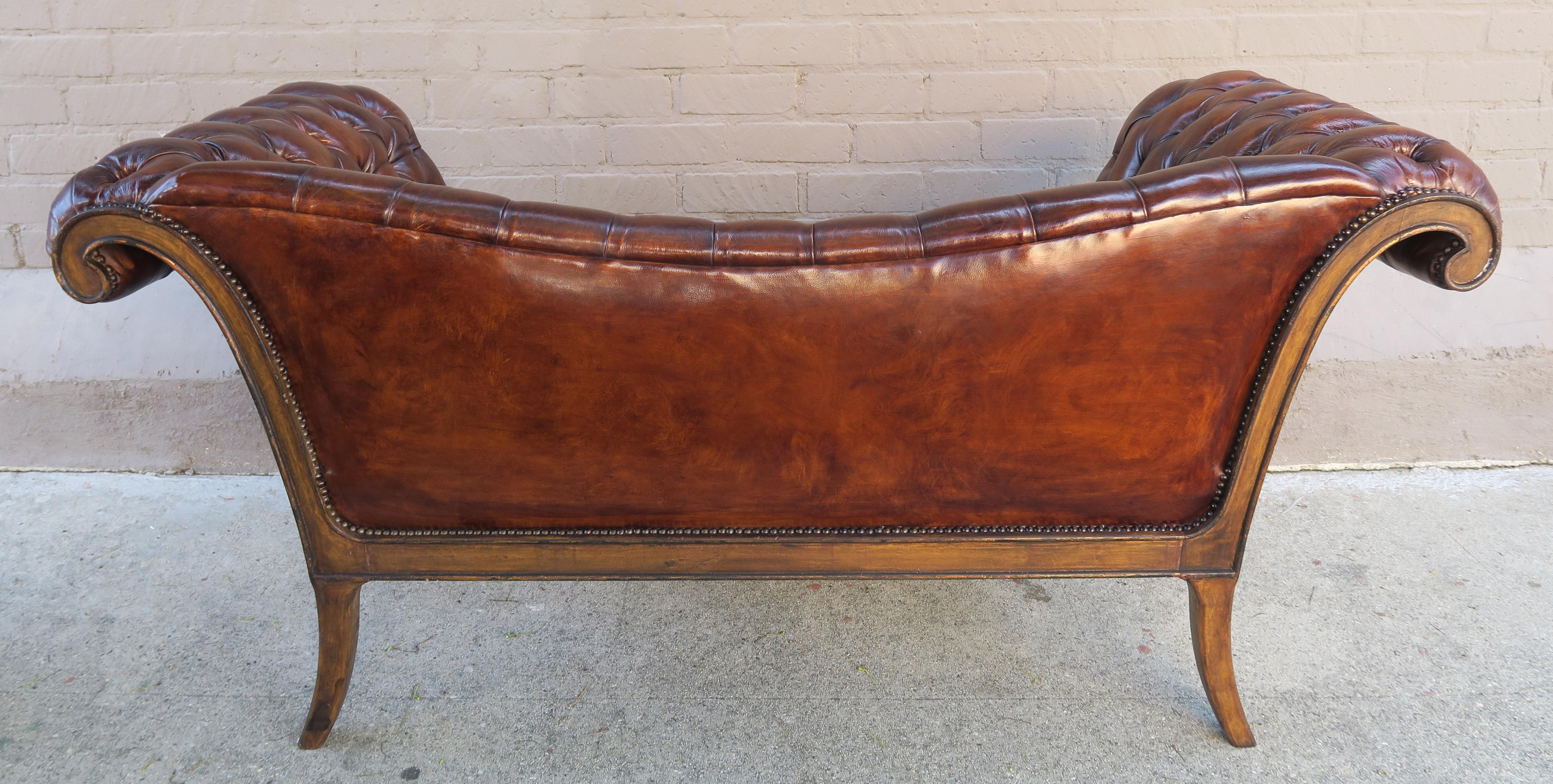 French Regency Style Carved Leather Tufted Sofa, circa 1920s 2