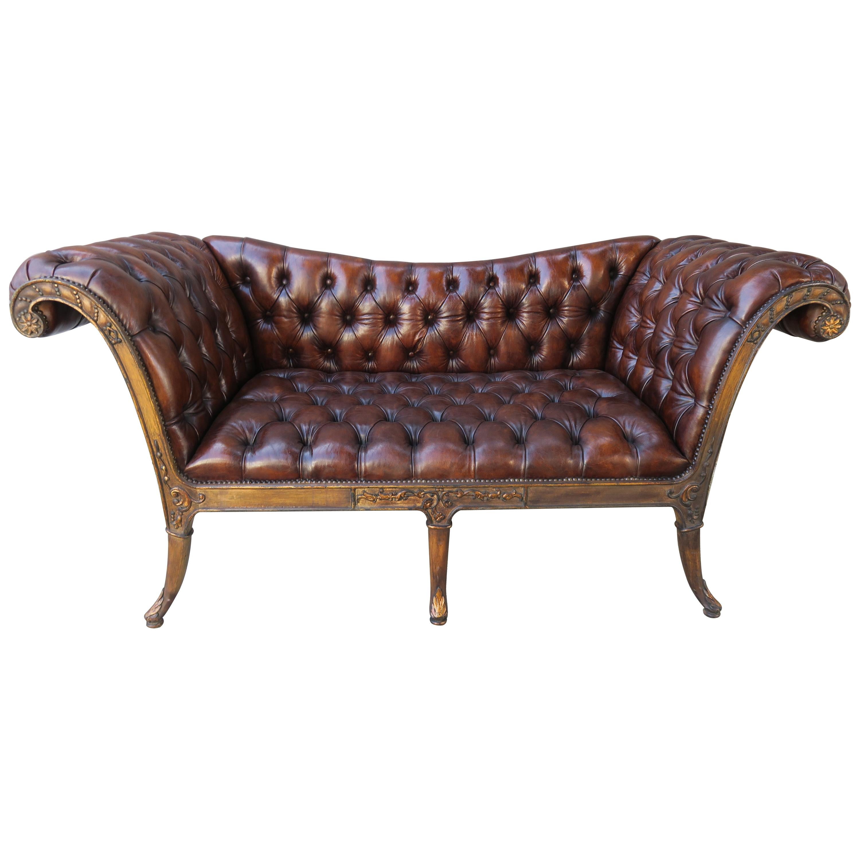 French Regency Style Carved Leather Tufted Sofa, circa 1920s
