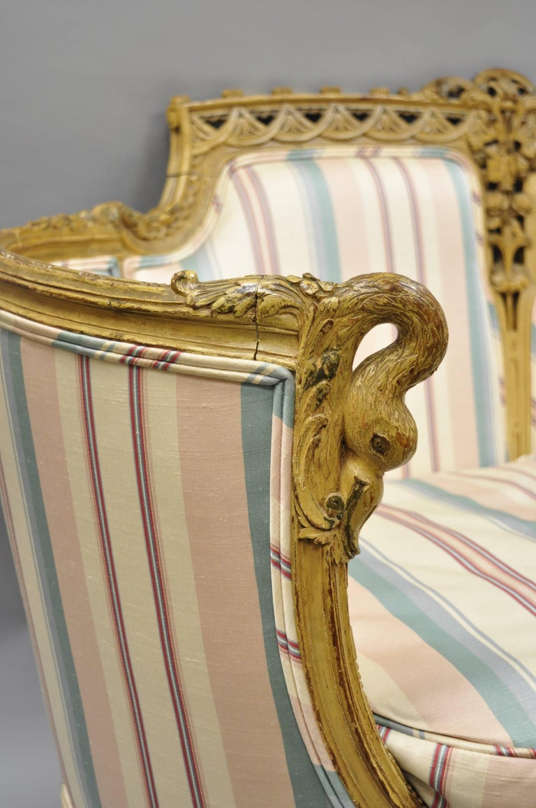 French Regency Style Cream Painted Loveseat Settee Sofa with Swan