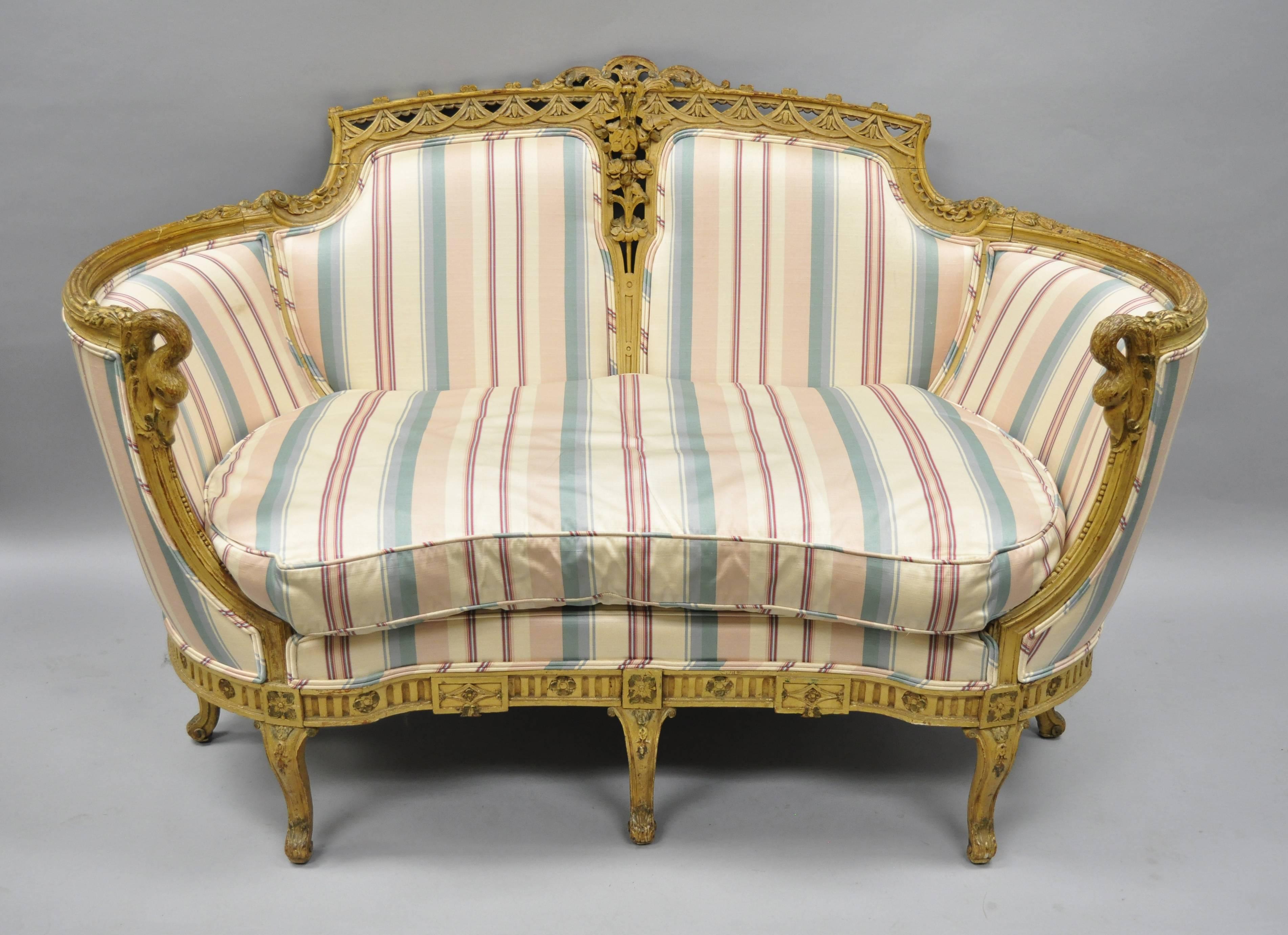 French Regency Style Cream Painted Loveseat Settee Sofa with Swan Carvings 7