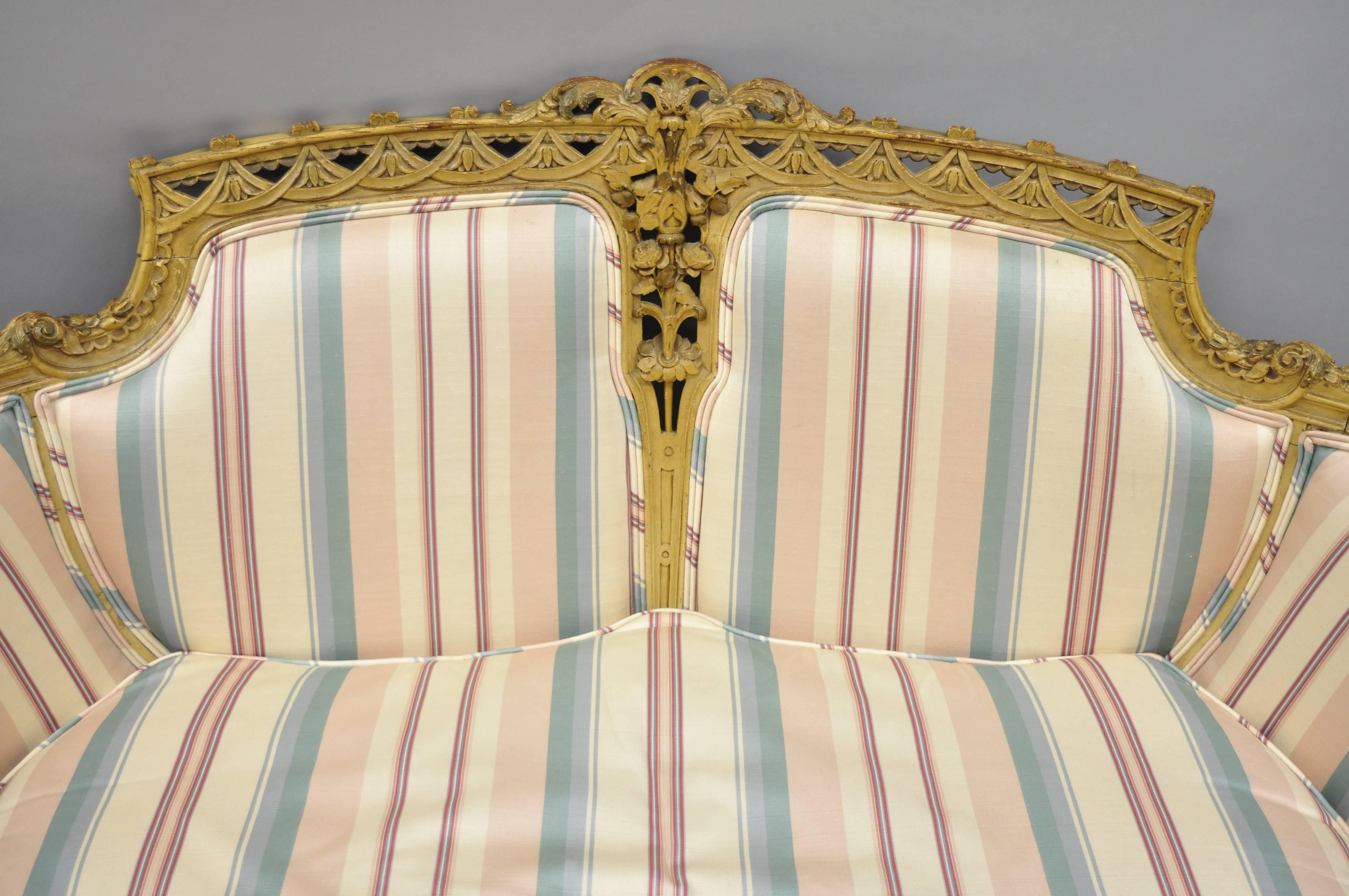 Hand-Carved French Regency Style Cream Painted Loveseat Settee Sofa with Swan Carvings