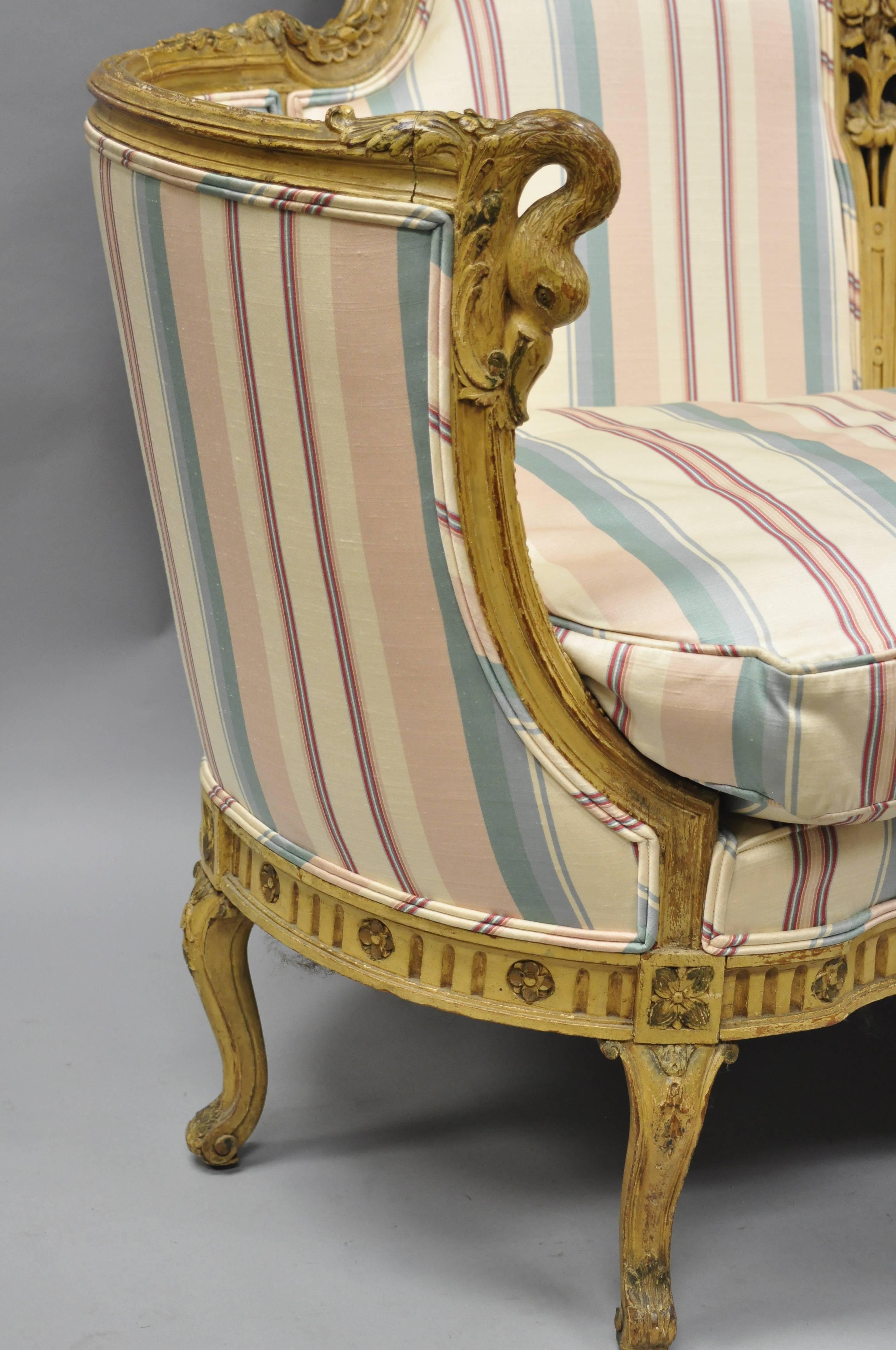 Mid-20th Century French Regency Style Cream Painted Loveseat Settee Sofa with Swan Carvings