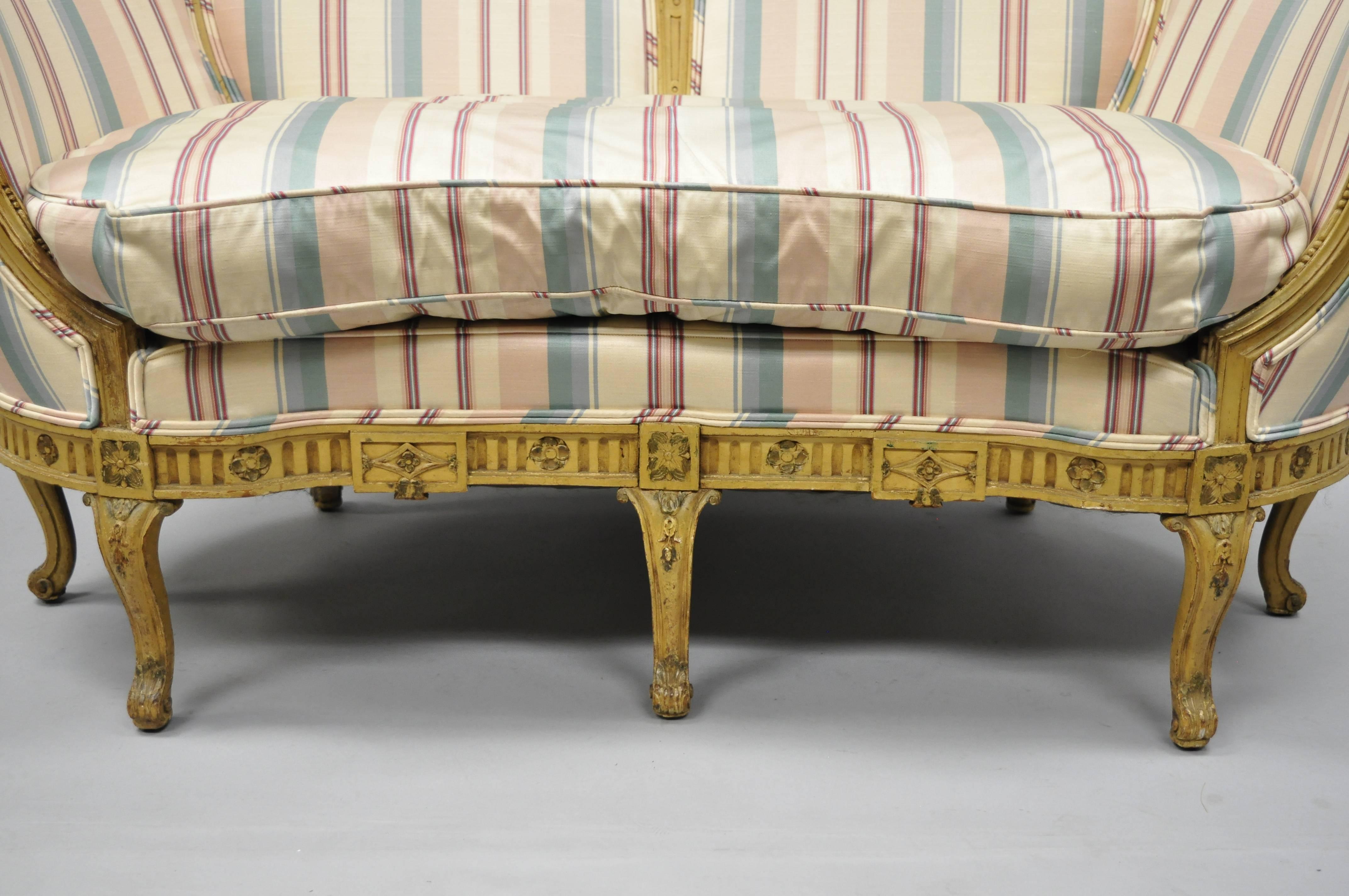 Wood French Regency Style Cream Painted Loveseat Settee Sofa with Swan Carvings