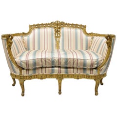 French Regency Style Cream Painted Loveseat Settee Sofa with Swan Carvings