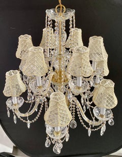 French Regency Style Crystal with Gold Frame Chandelier, Custom Shades, 12 arms