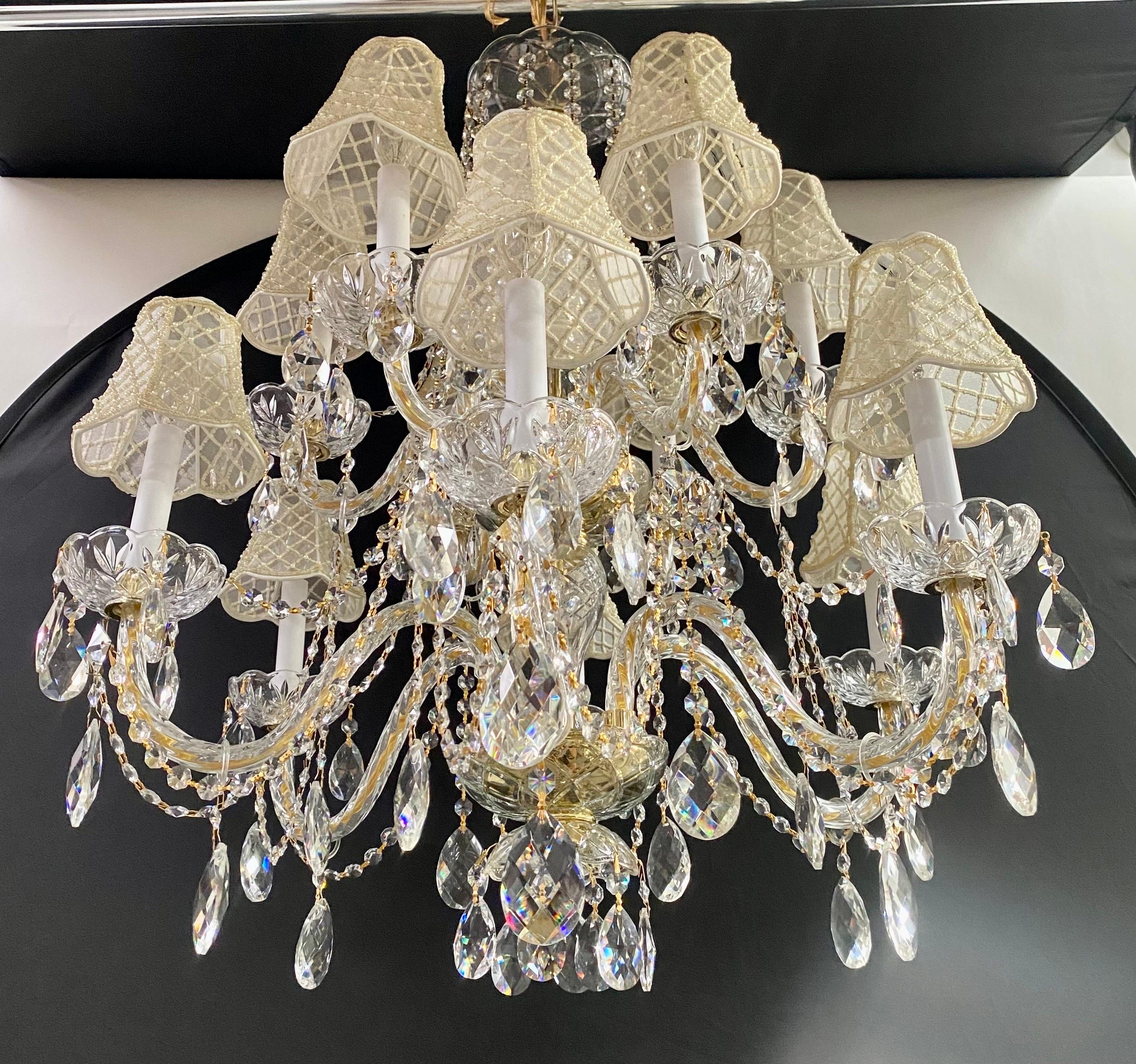French Regency Style Crystal with Gold Frame Chandelier, Custom Shades, 12 arms  In Good Condition For Sale In Plainview, NY