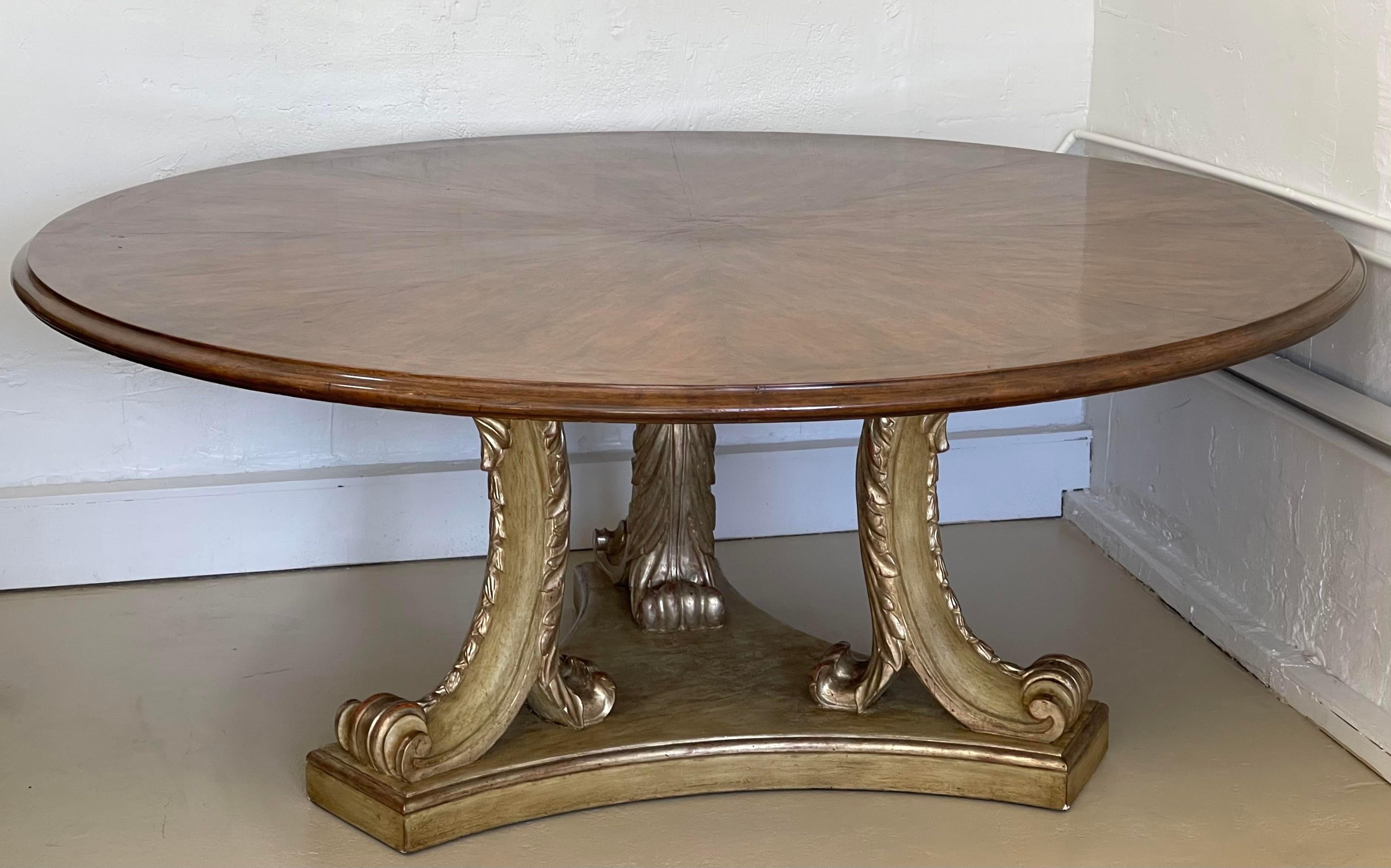 French Regency Style Dennis & Leen San Michele dining table. It measures 72” diameter and comes with outer expandable leaves that make the table 94” diameter.