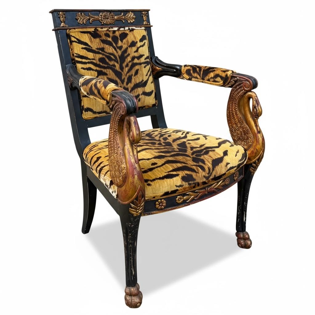 French Regency Style Ebonized Chair W/ Gilt Neo-Classical Swans & Tiger Velvet (Empire) im Angebot