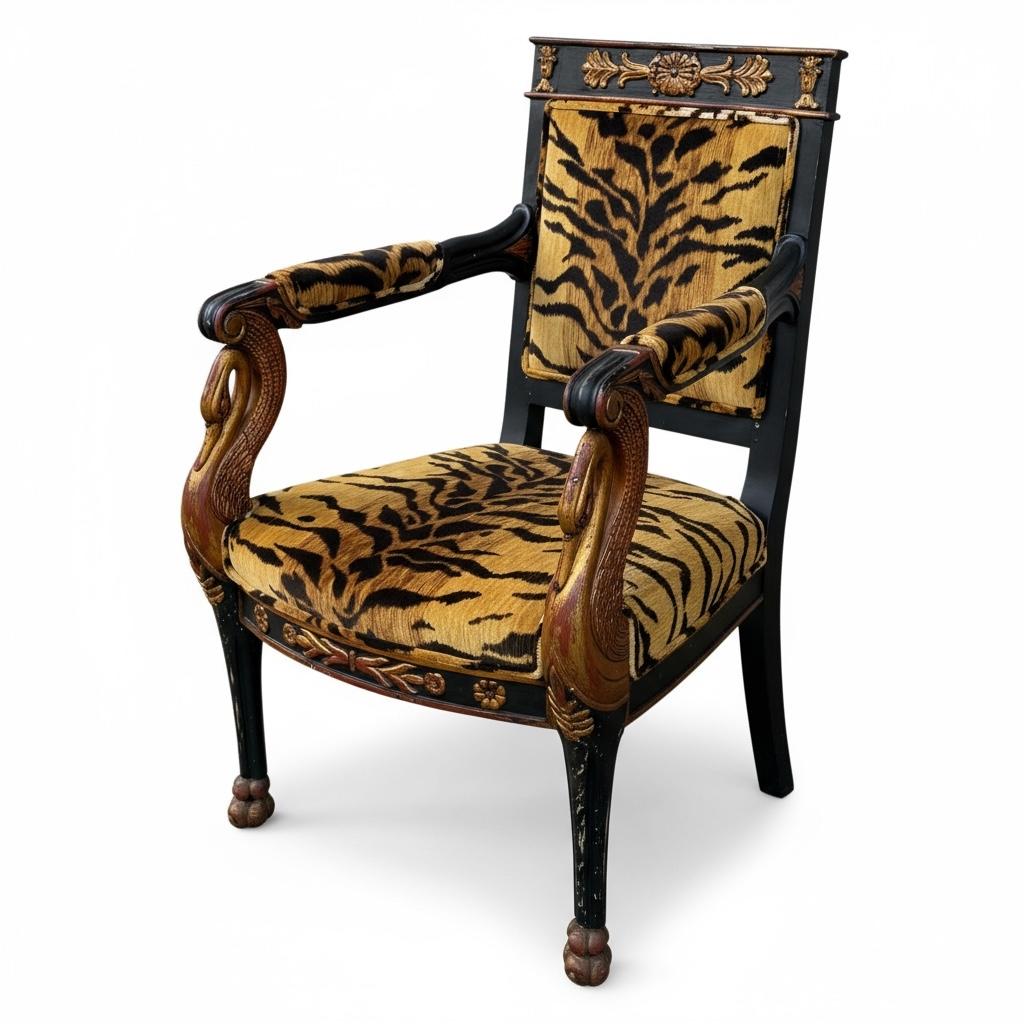French Regency Style Ebonized Chair W/ Gilt Neo-Classical Swans & Tiger Velvet im Angebot 1