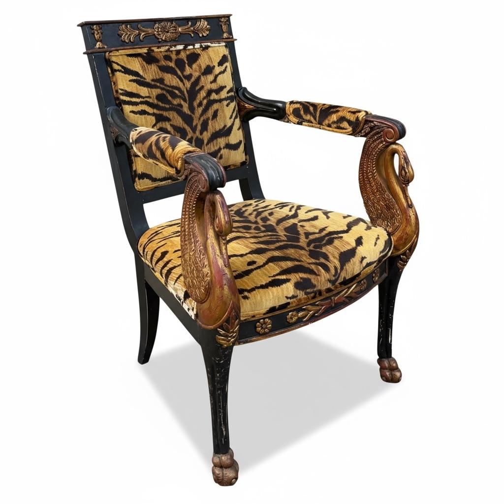 French Regency Style Ebonized Chair W/ Gilt Neo-Classical Swans & Tiger Velvet im Angebot 2