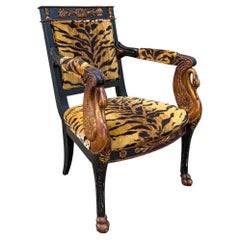 French Regency Style Ebonized Chair W/ Gilt Neo-Classical Swans & Tiger Velvet