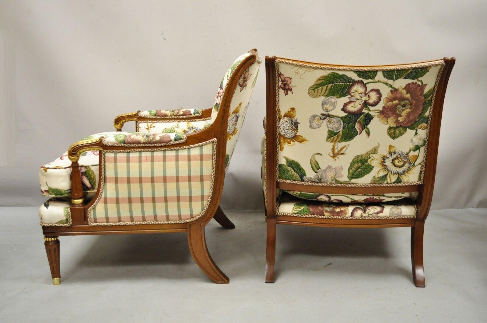 French Regency Style Floral Print Mahogany Frame Club Lounge Chairs - a Pair For Sale 6