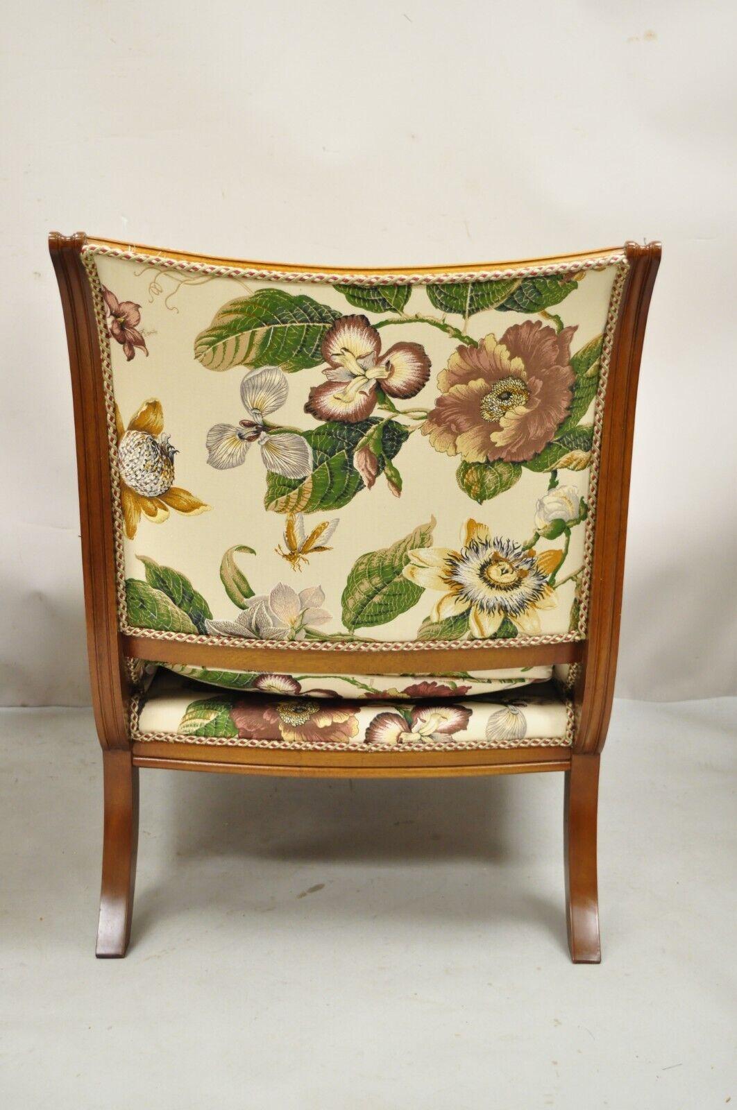 French Regency Style Floral Print Mahogany Frame Club Lounge Chairs - a Pair For Sale 8