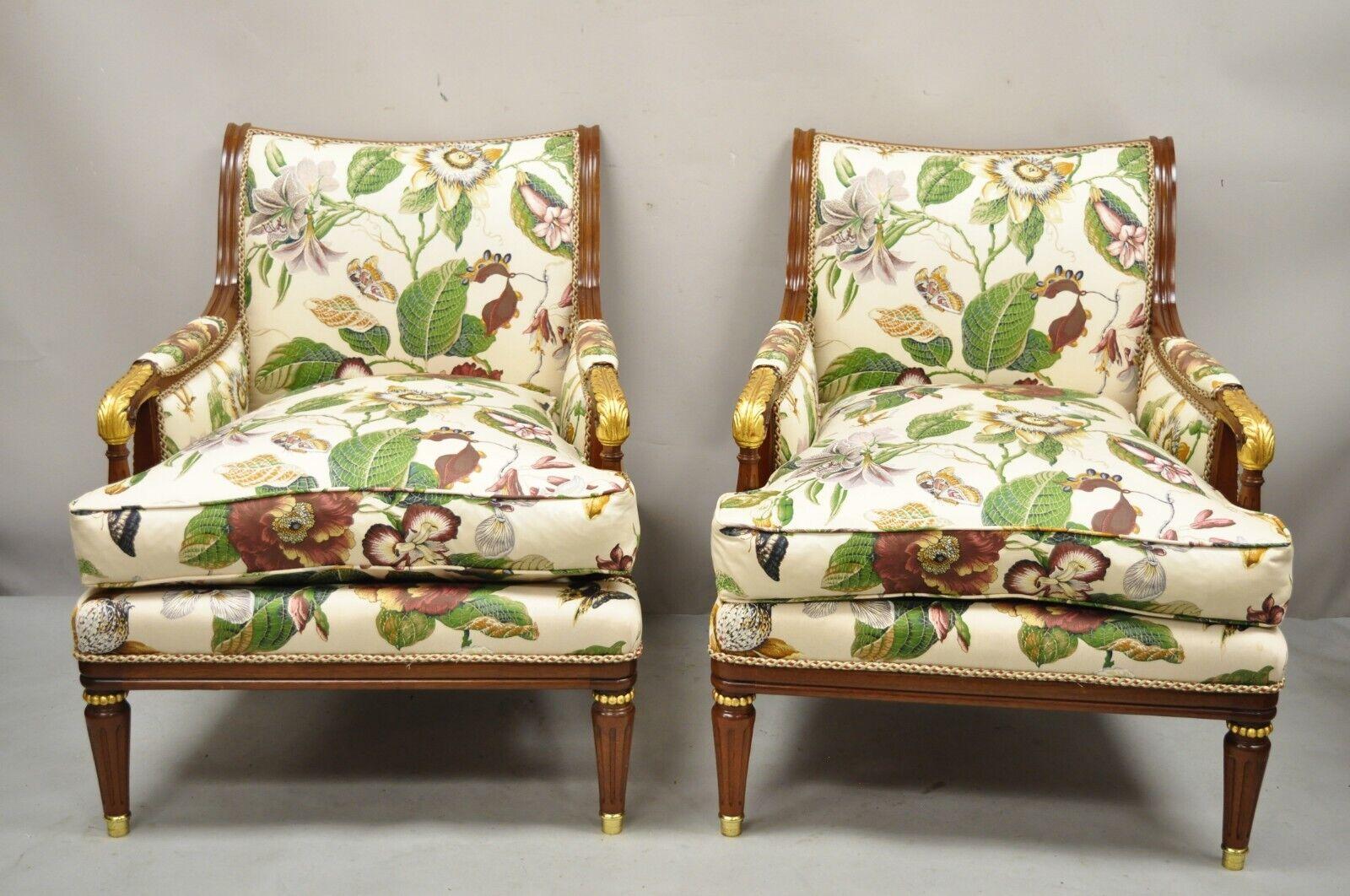French Regency Style Floral Print Mahogany Frame Club Lounge Chairs - a Pair. Item features partial down filled cushions, brass capped feet, gold glit accents, floral print upholstery with butterflies, solid wood frames, nicely carved details,
