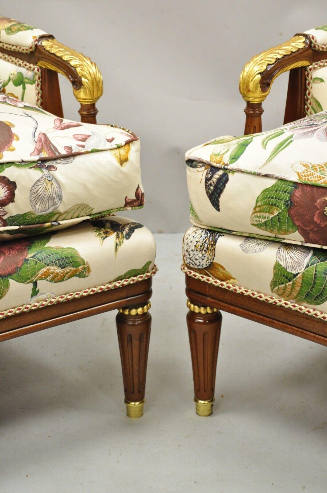 20th Century French Regency Style Floral Print Mahogany Frame Club Lounge Chairs - a Pair For Sale