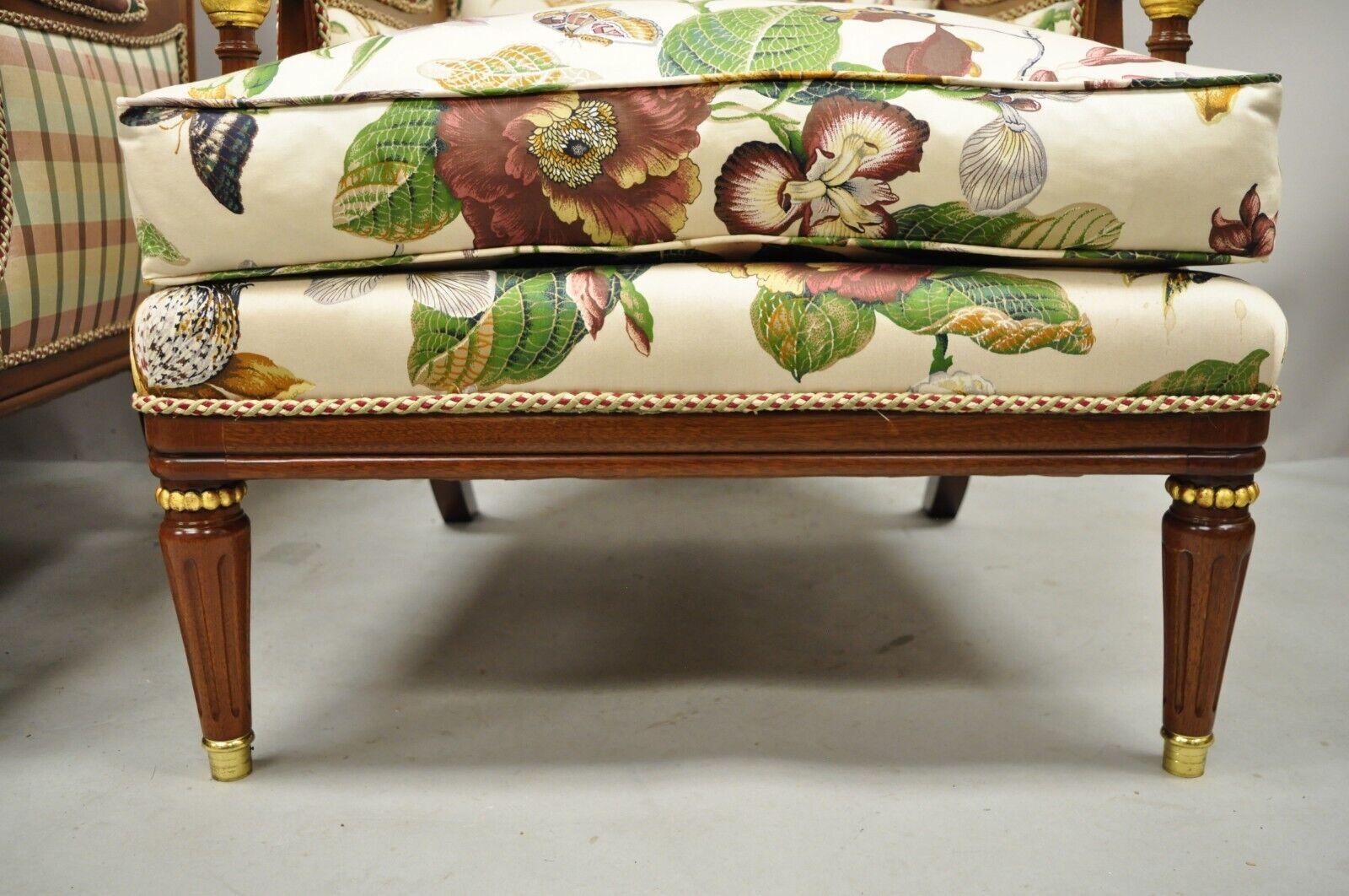 French Regency Style Floral Print Mahogany Frame Club Lounge Chairs - a Pair For Sale 1