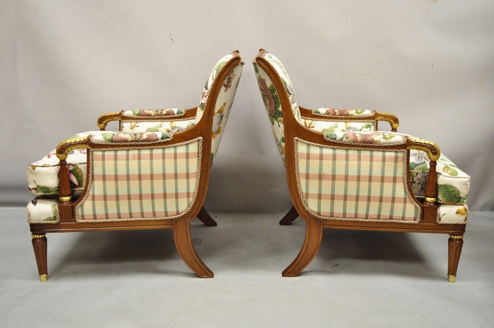 French Regency Style Floral Print Mahogany Frame Club Lounge Chairs - a Pair For Sale 2