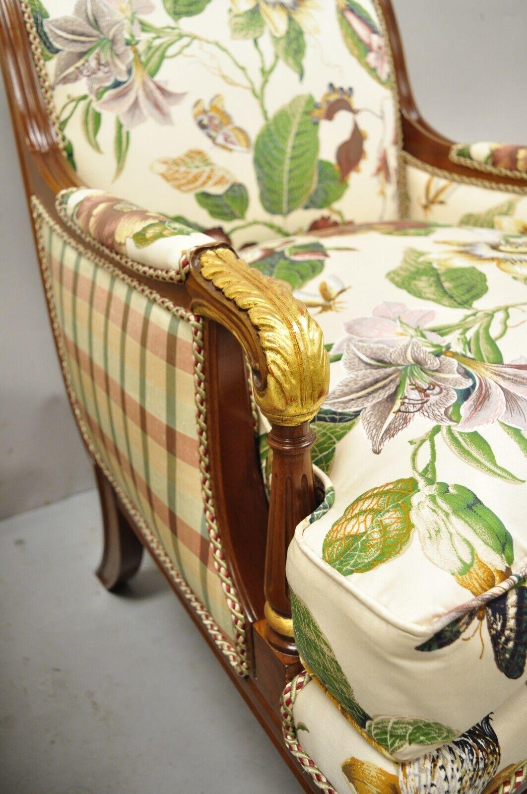 French Regency Style Floral Print Mahogany Frame Club Lounge Chairs - a Pair For Sale 3