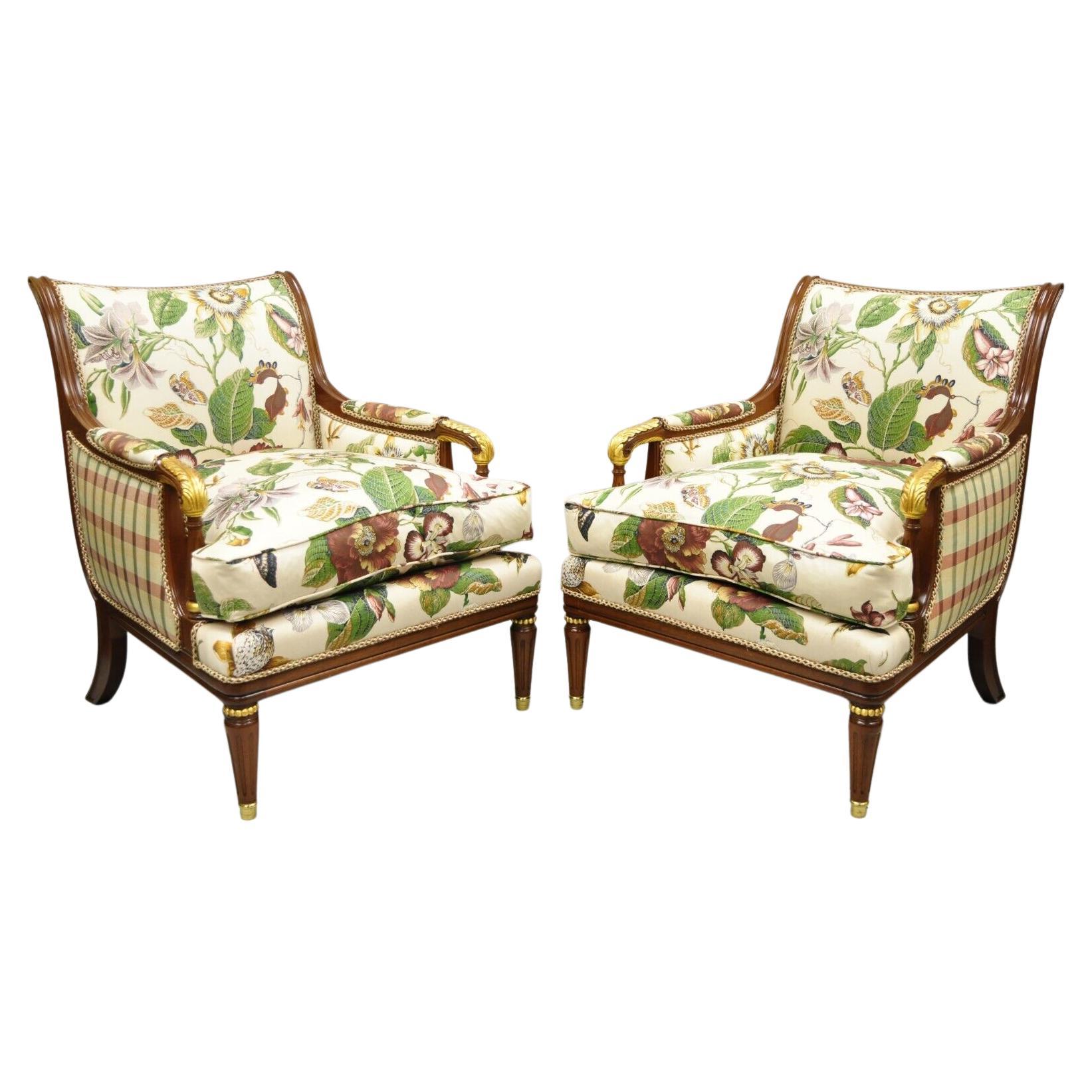 French Regency Style Floral Print Mahogany Frame Club Lounge Chairs - a Pair For Sale