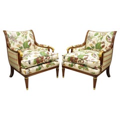 French Regency Style Floral Print Mahogany Frame Club Lounge Chairs - a Pair