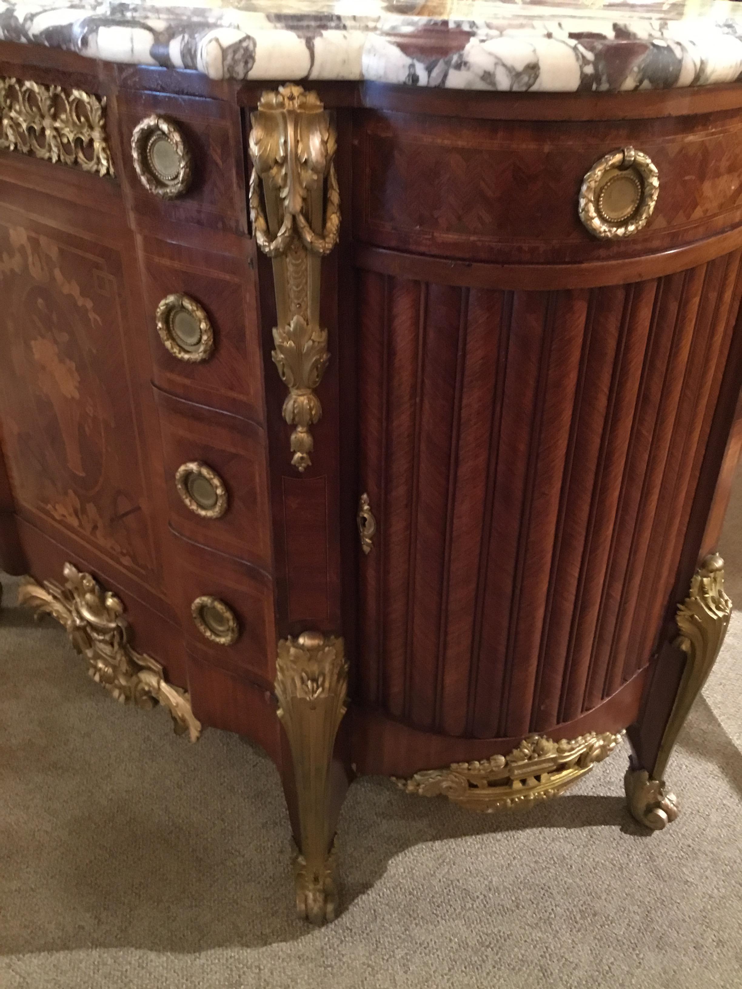 Marquetry French Regency Style Gilt Bronze Mounted Sideboard/Commode Mahogany 19th Century