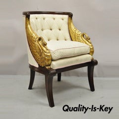 Vintage French Regency Style Gold Gilt Swan Carved Mahogany Club Lounge Chair