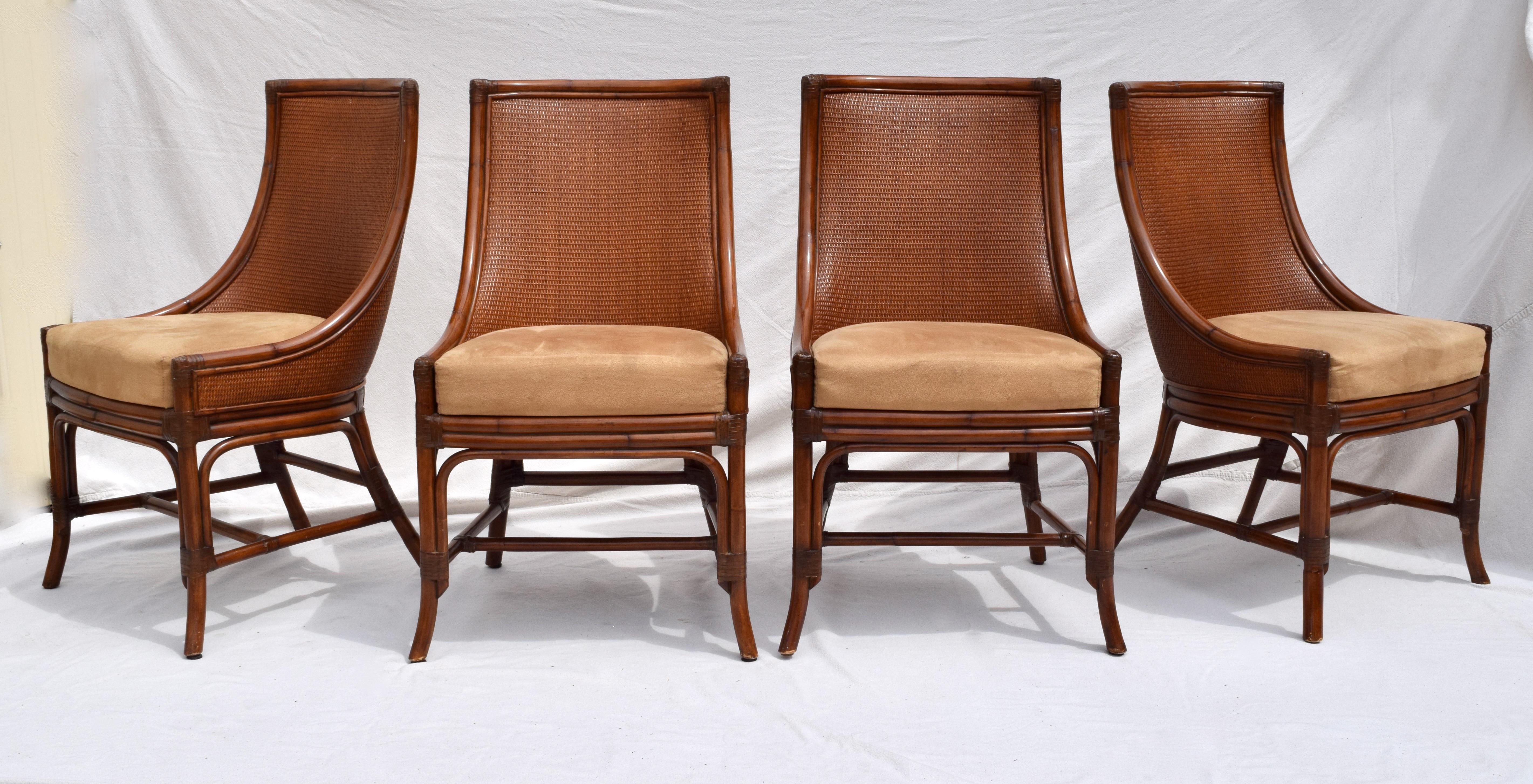 Asian French Regency Style Grasscloth & Leather Dining Chairs