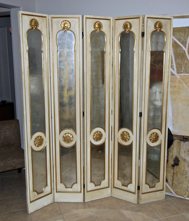 French Regency Style Mirrored Giltwood 5 Panel Screen