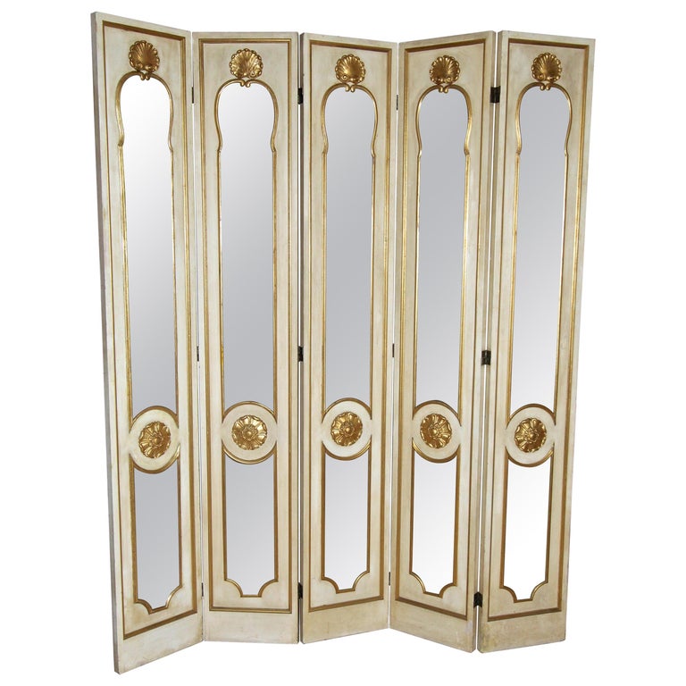 French Regency Style Mirrored Giltwood 5 Panel Screen