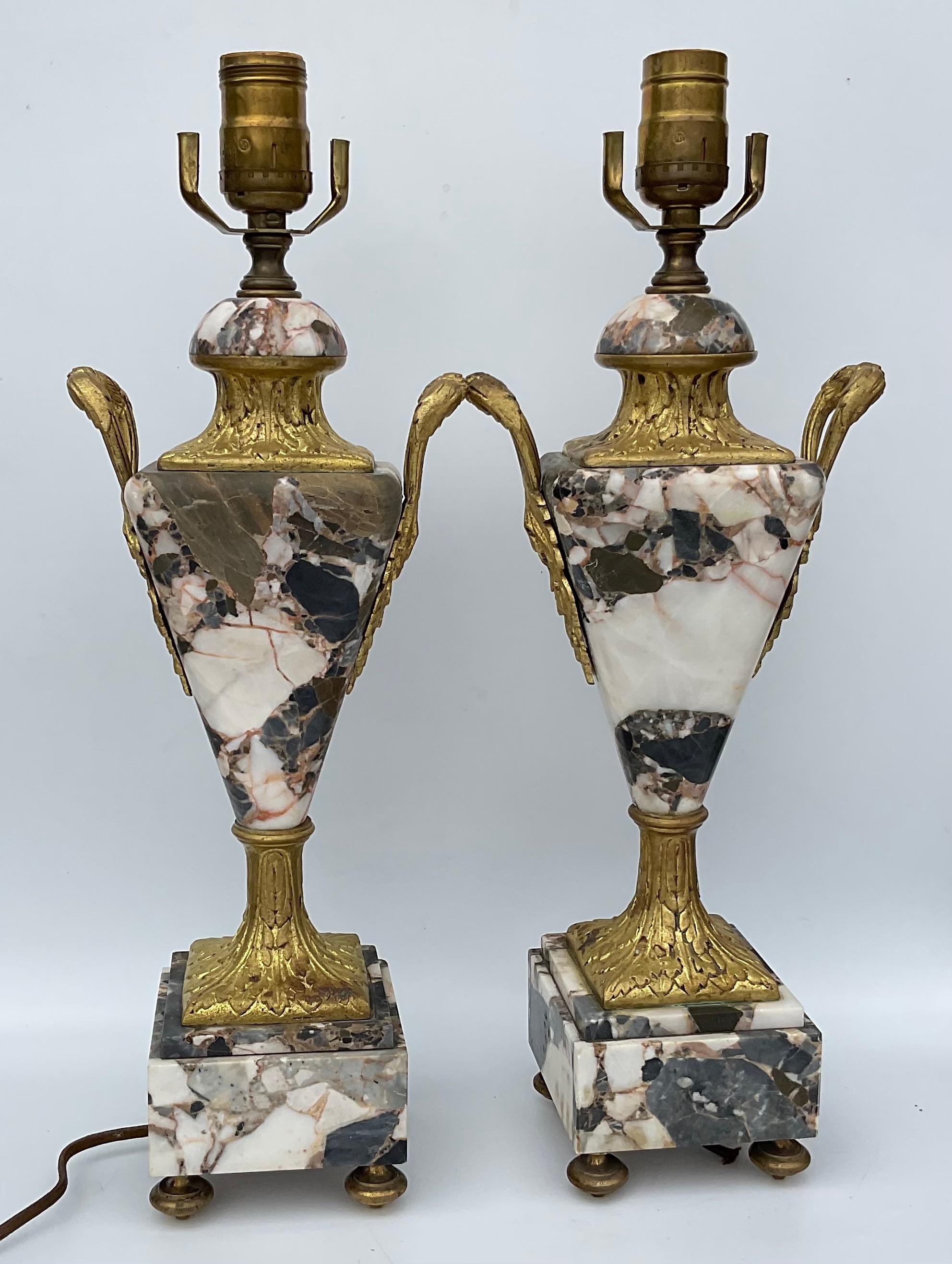 French Regency Style Portoro multi color Marble PAIR Amazing lamps With detailed hardware. Measurements are given to the top of the socket without harps.