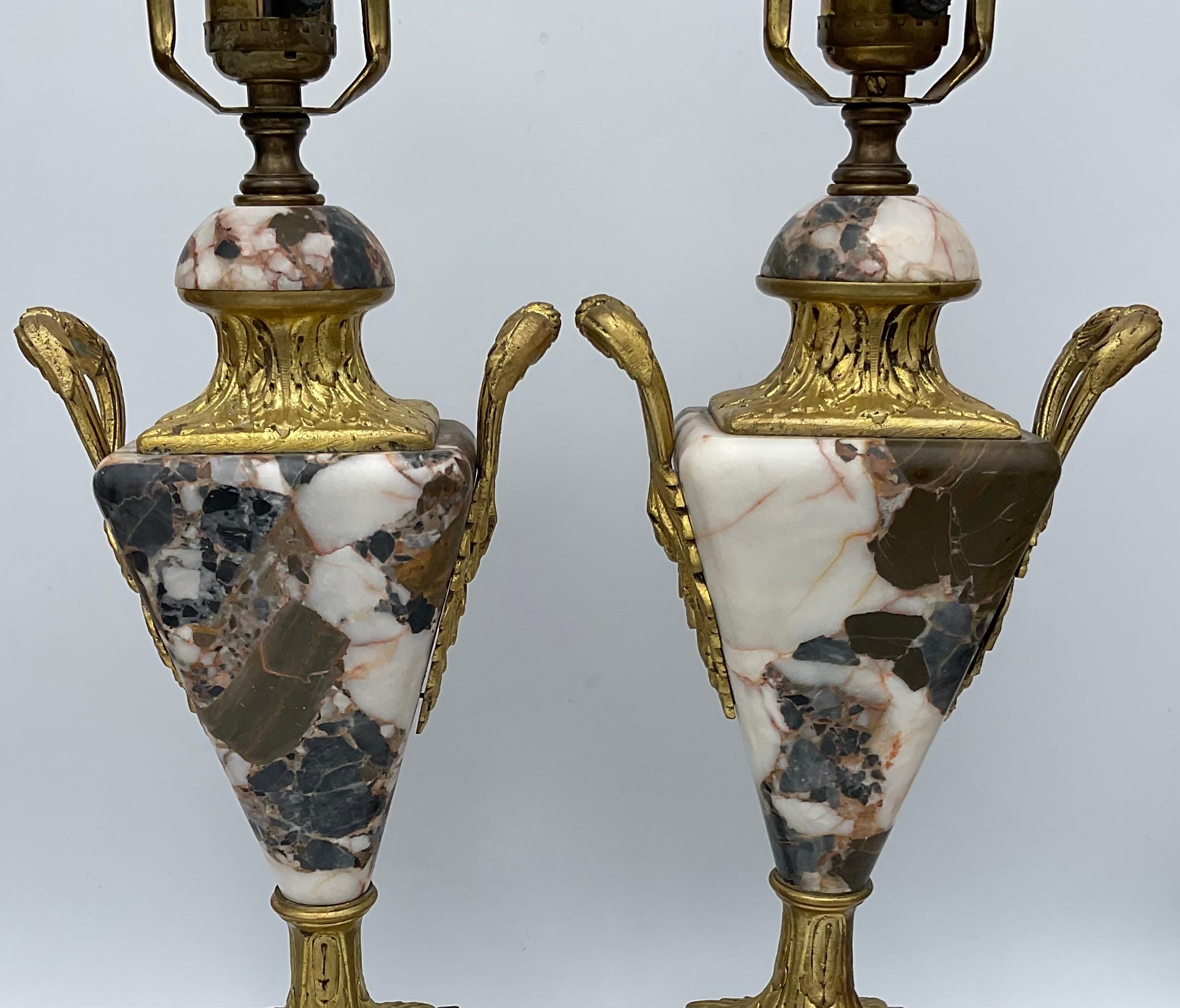 French Regency Style Portoro Multi Color Marble Pair Amazing Lamps In Good Condition For Sale In Ann Arbor, MI