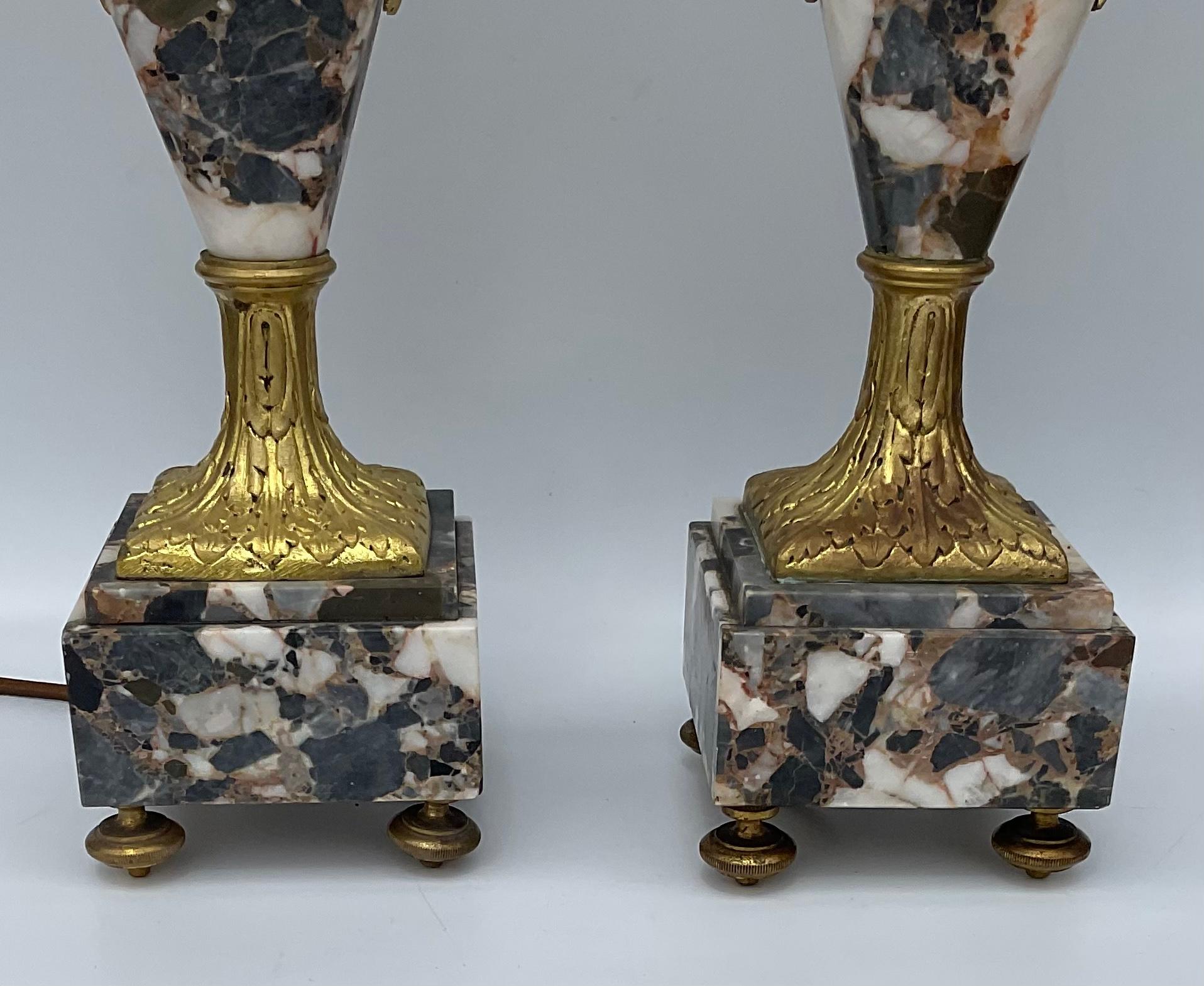 Mid-20th Century French Regency Style Portoro Multi Color Marble Pair Amazing Lamps For Sale