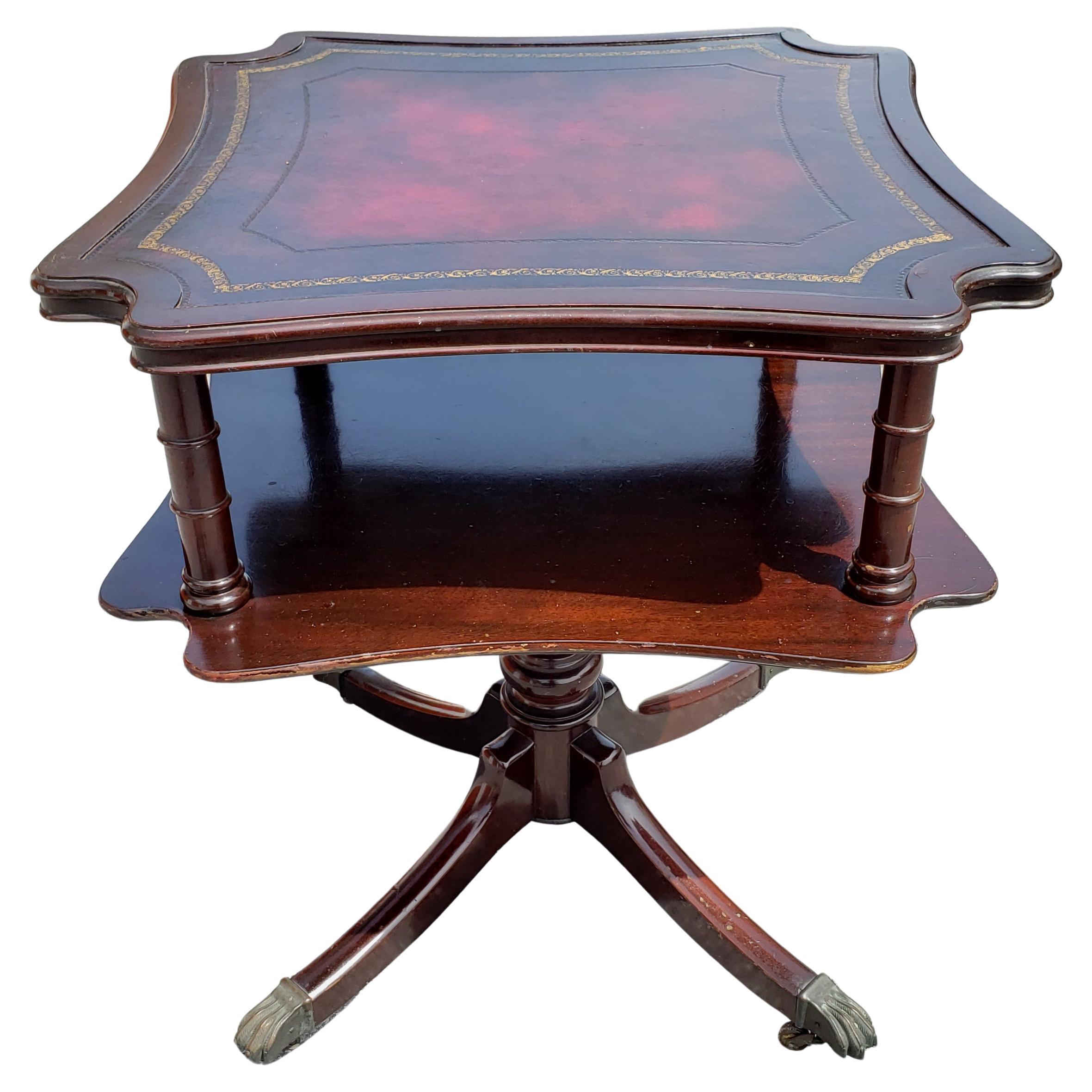 20th Century French Regency Style Two-Tier Red Leather Top Mahogany Tea Table For Sale