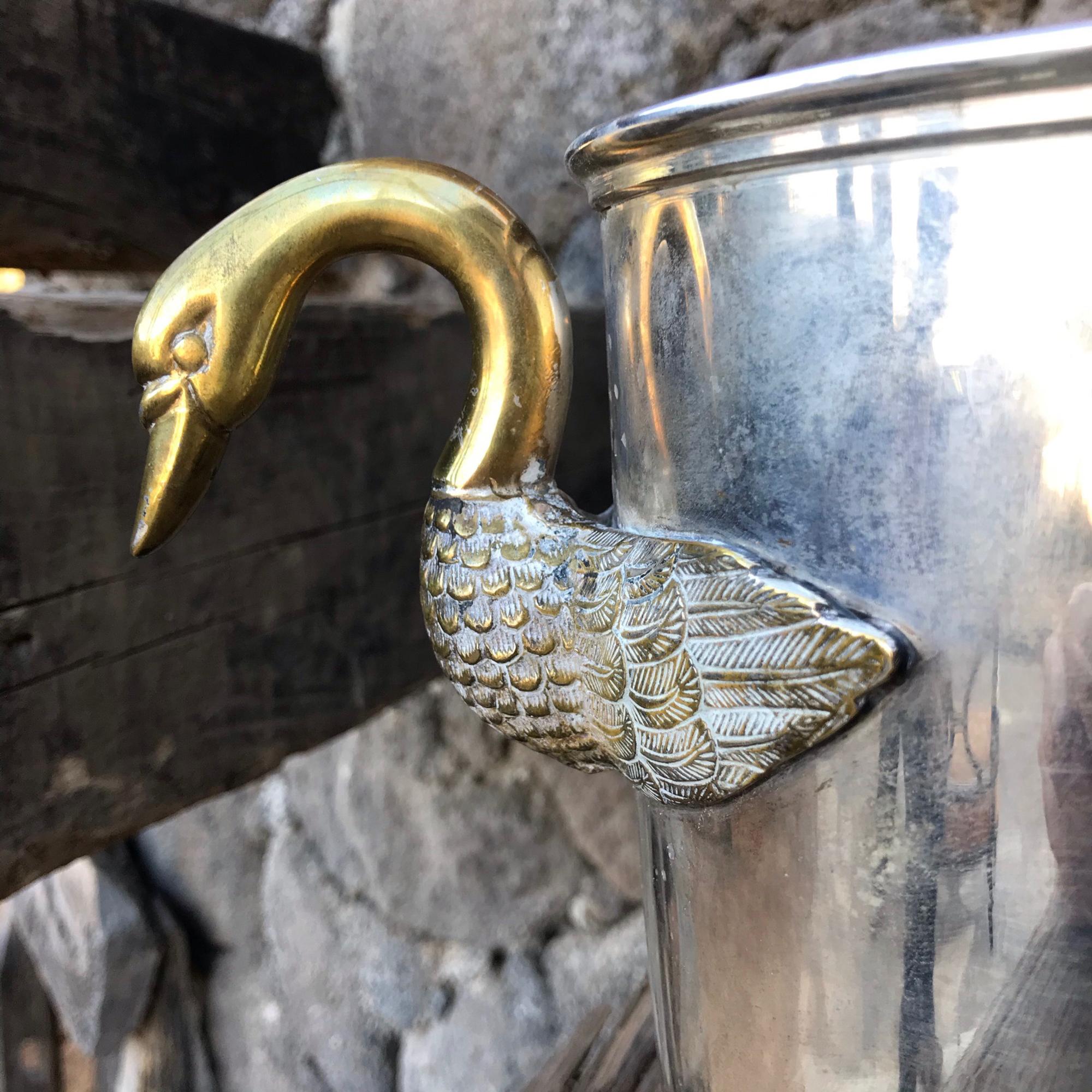 French Regency Swan Neck Handle Bronze & Silver Champagne Ice Bucket Wine Holder In Good Condition In Chula Vista, CA