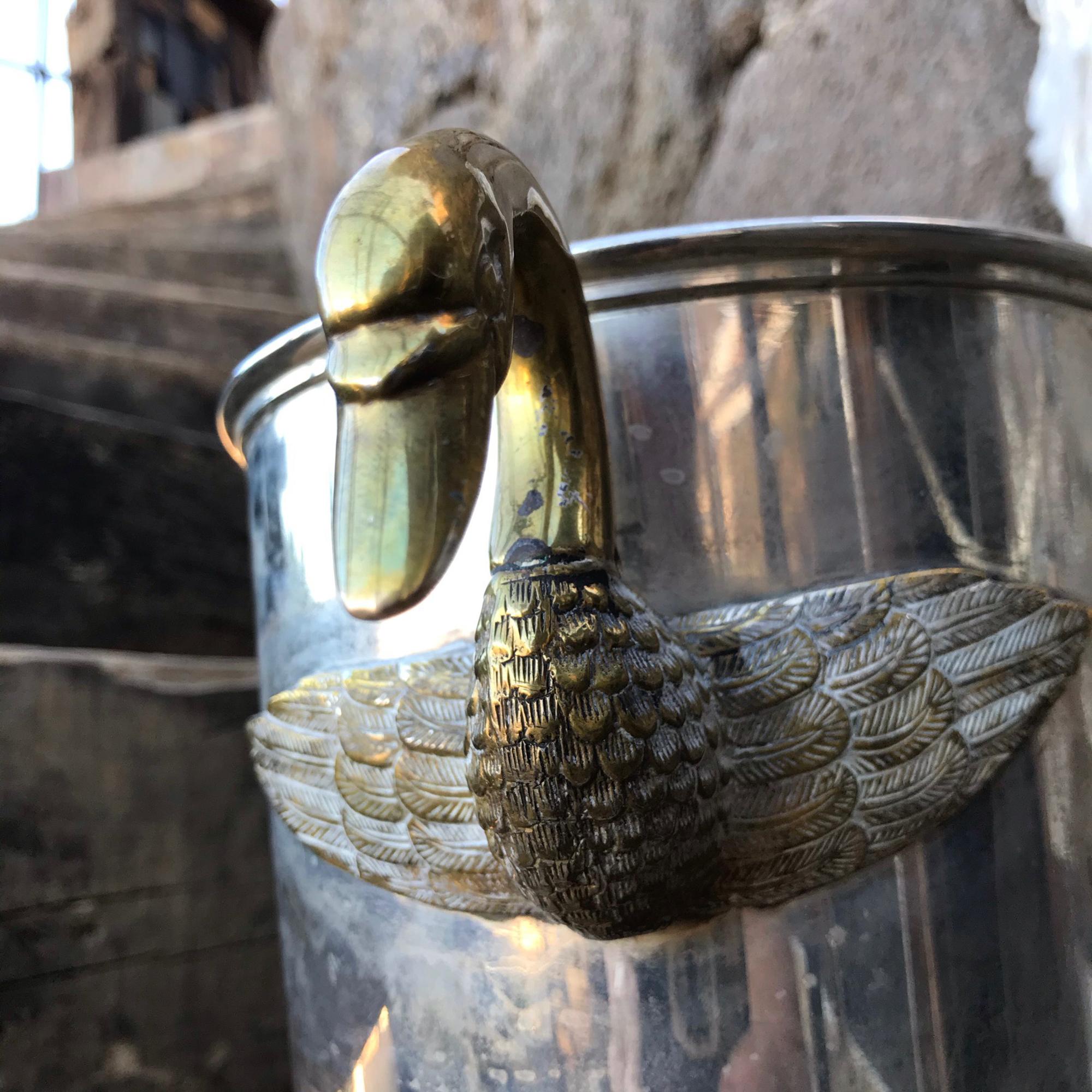 Mid-20th Century French Regency Swan Neck Handle Bronze & Silver Champagne Ice Bucket Wine Holder