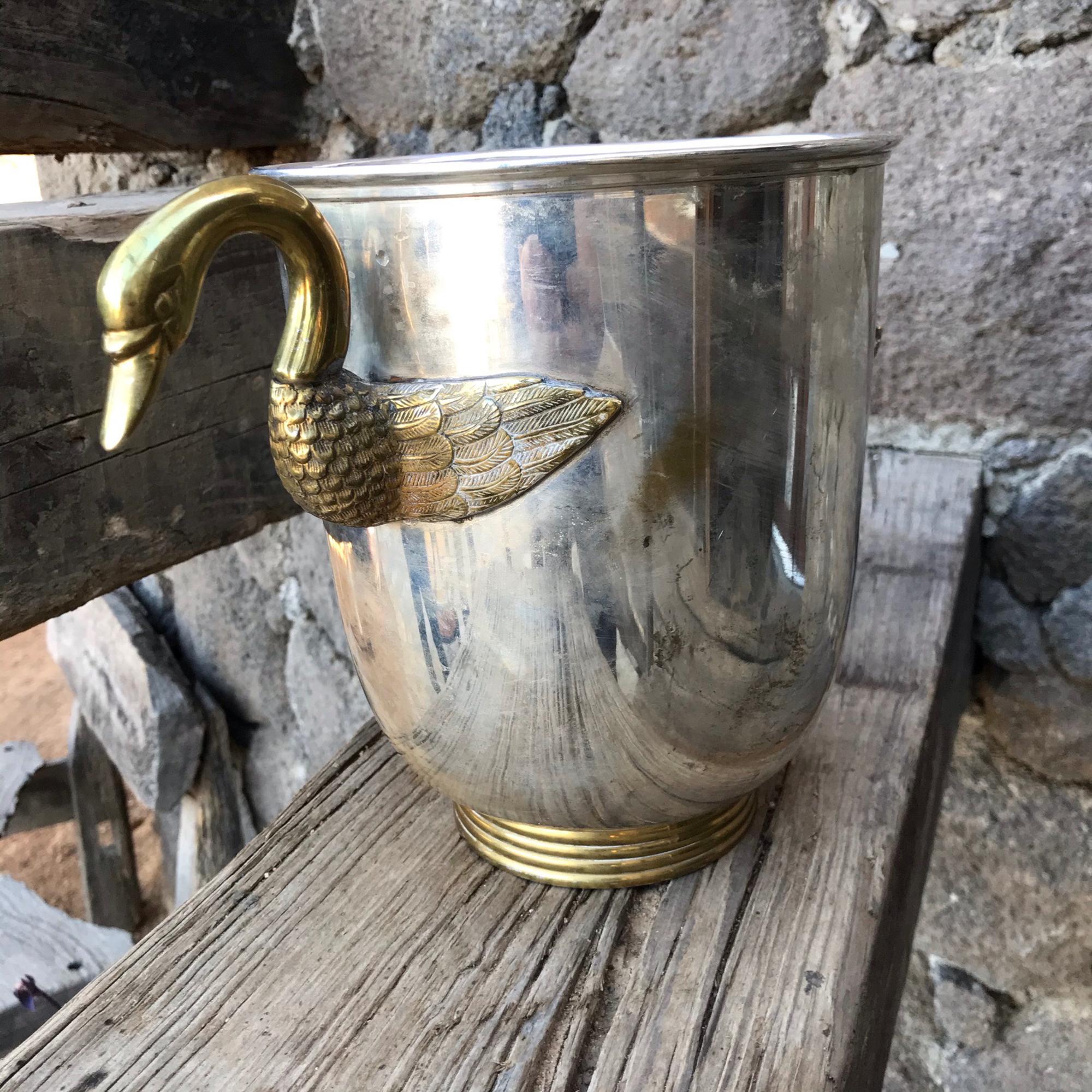 French Regency Swan Neck Handle Bronze & Silver Champagne Ice Bucket Wine Holder 2