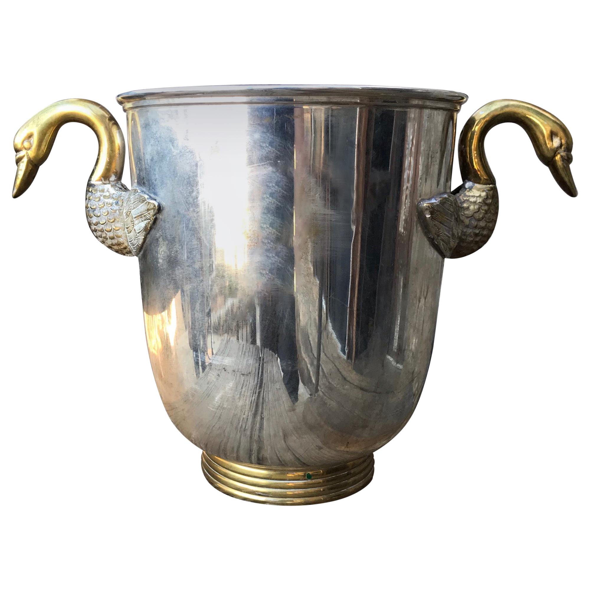 French Regency Swan Neck Handle Bronze & Silver Champagne Ice Bucket Wine Holder