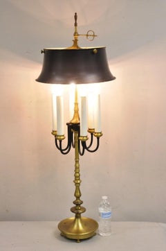 French Regency Tall Brass Candelabra Bouillotte Desk Lamp w/ Tole Metal Shade