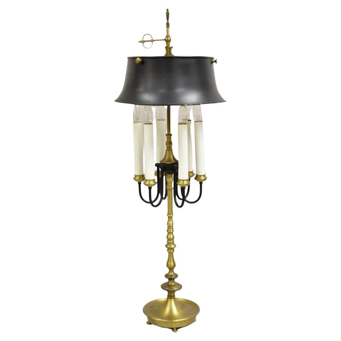 Lampada da scrivania Bouillotte a candelabro alto in ottone della Reggenza francese con paralume in metallo color talpa