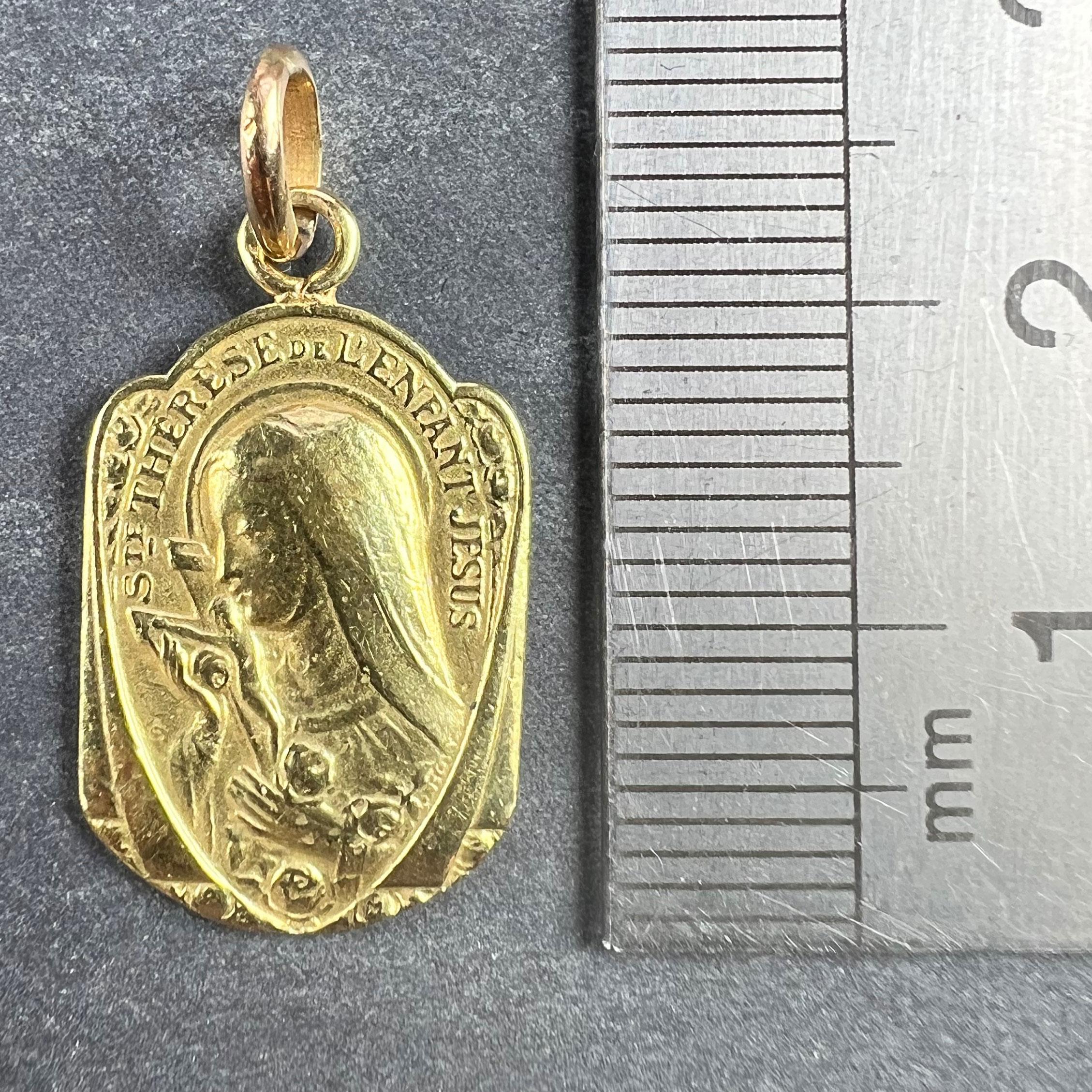 French Religious 18K Yellow Gold St Therese Charm Pendant For Sale 7