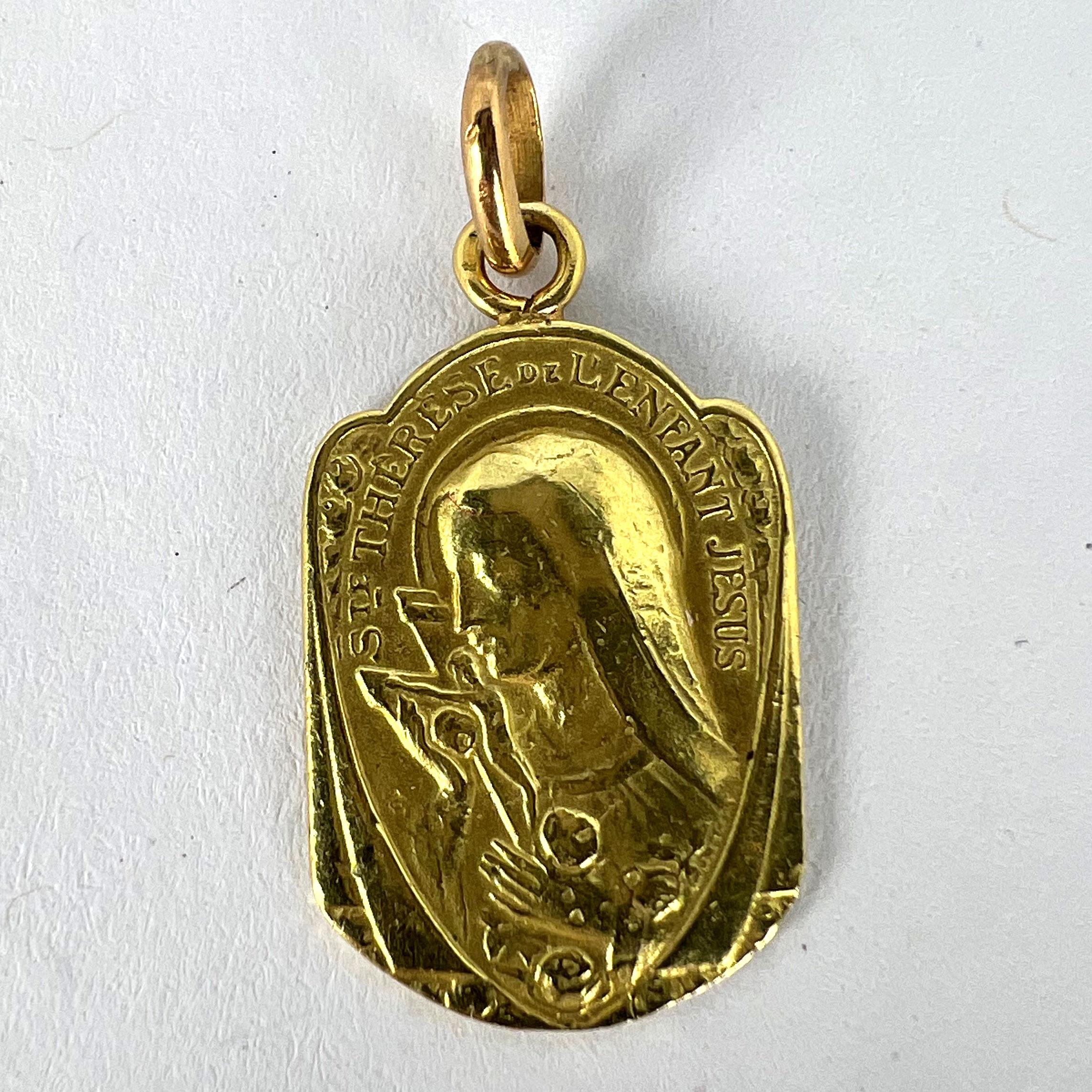 French Religious 18K Yellow Gold St Therese Charm Pendant For Sale 9