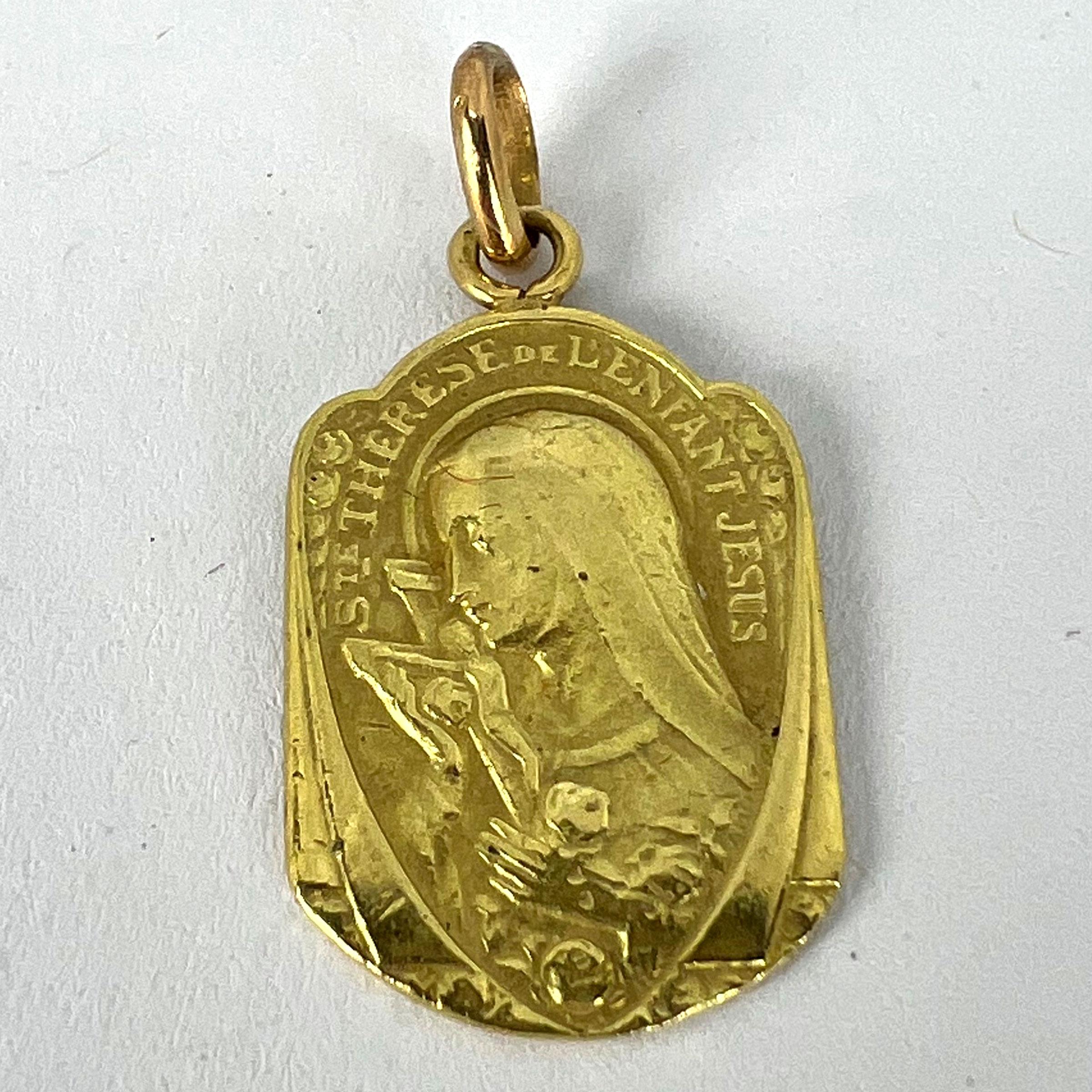 French Religious 18K Yellow Gold St Therese Charm Pendant For Sale 10