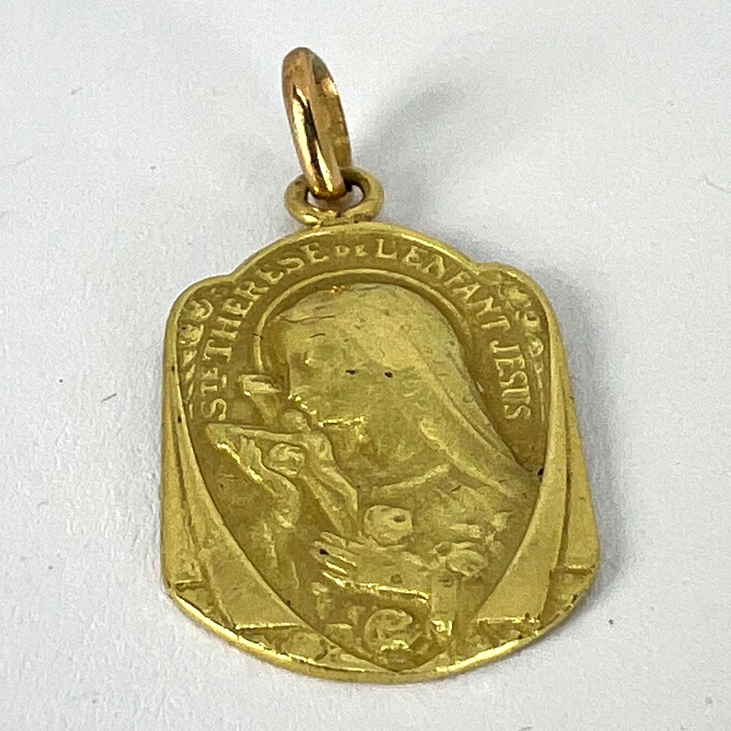 French Religious 18K Yellow Gold St Therese Charm Pendant For Sale 11