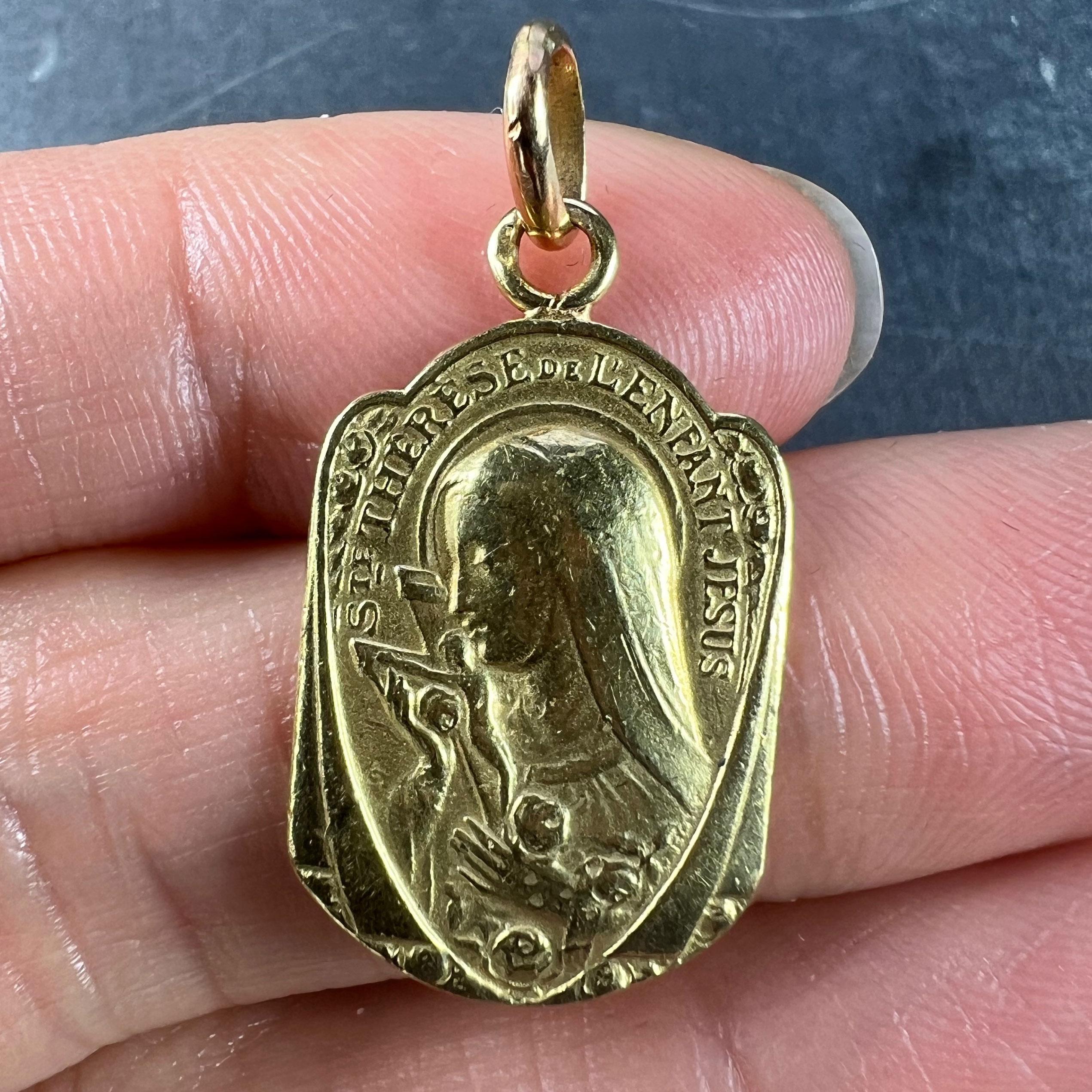 French Religious 18K Yellow Gold St Therese Charm Pendant For Sale 1