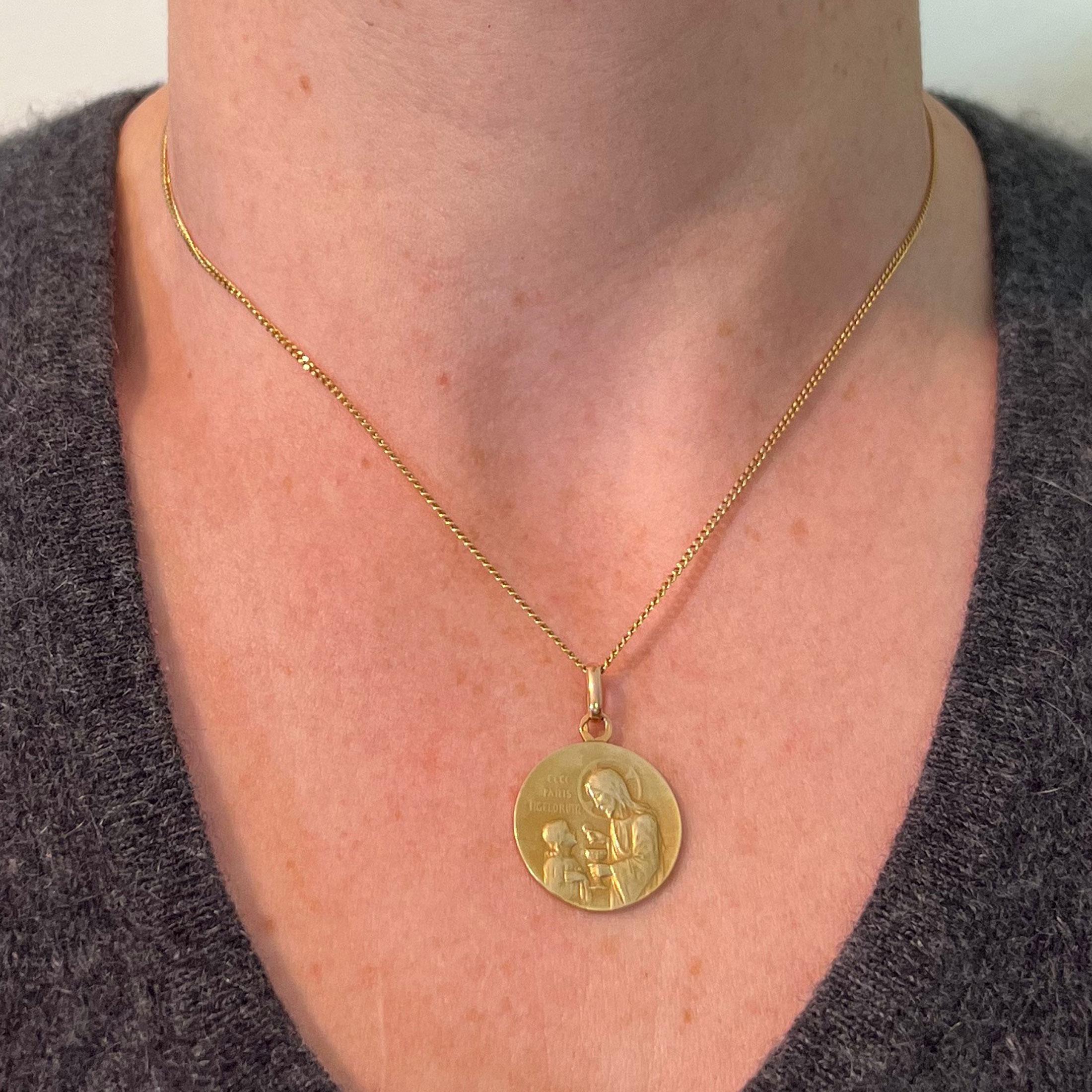 da uomo o donna Ciondolo religioso francese con medaglia in oro giallo 18 carati raffigurante Gesù Cristo e la sua Santa Comunione in vendita