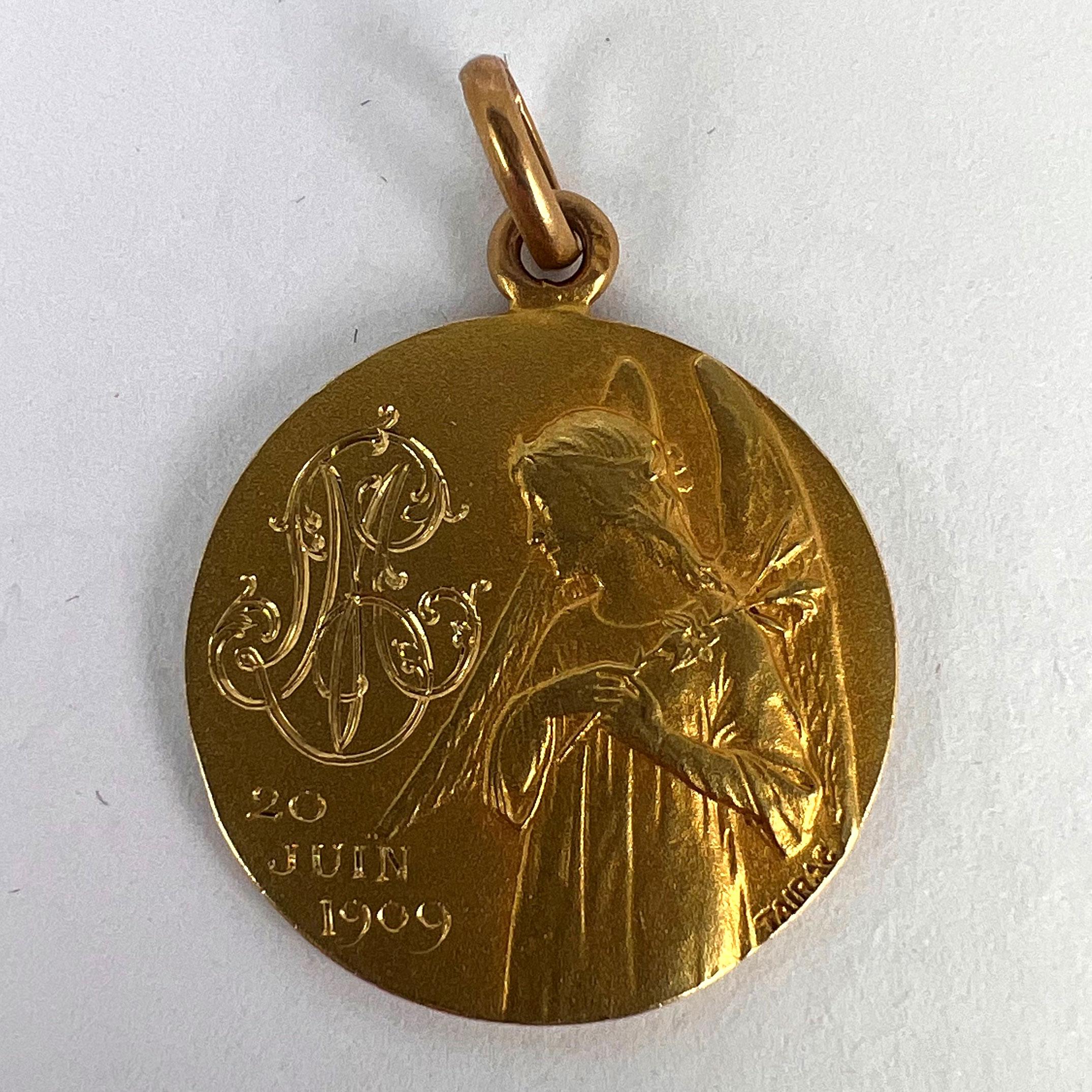 French Religious Medal Angel Jesus Communion 18K Yellow Gold Charm Pendant For Sale 9