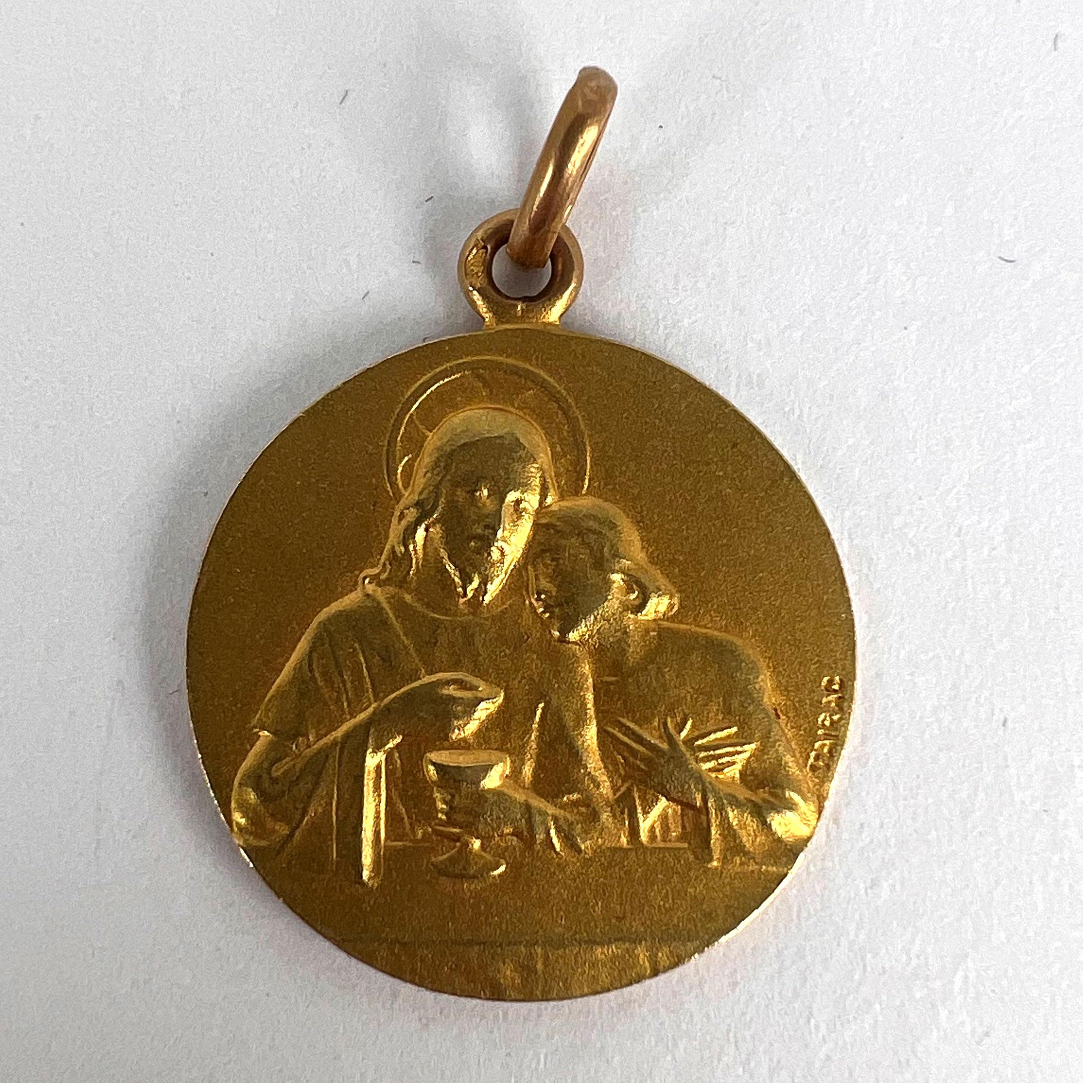 French Religious Medal Angel Jesus Communion 18K Yellow Gold Charm Pendant For Sale 13